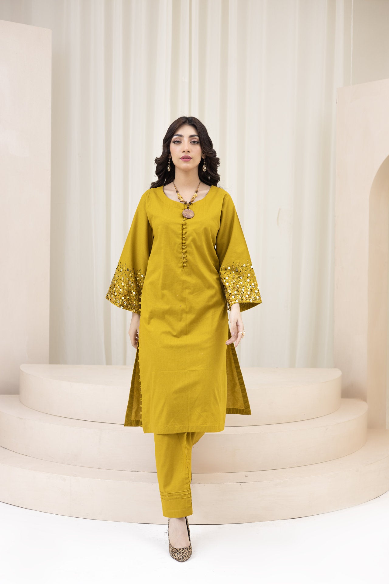 2167 – Gold 2 Piece Embellished Cotton Lawn Suit