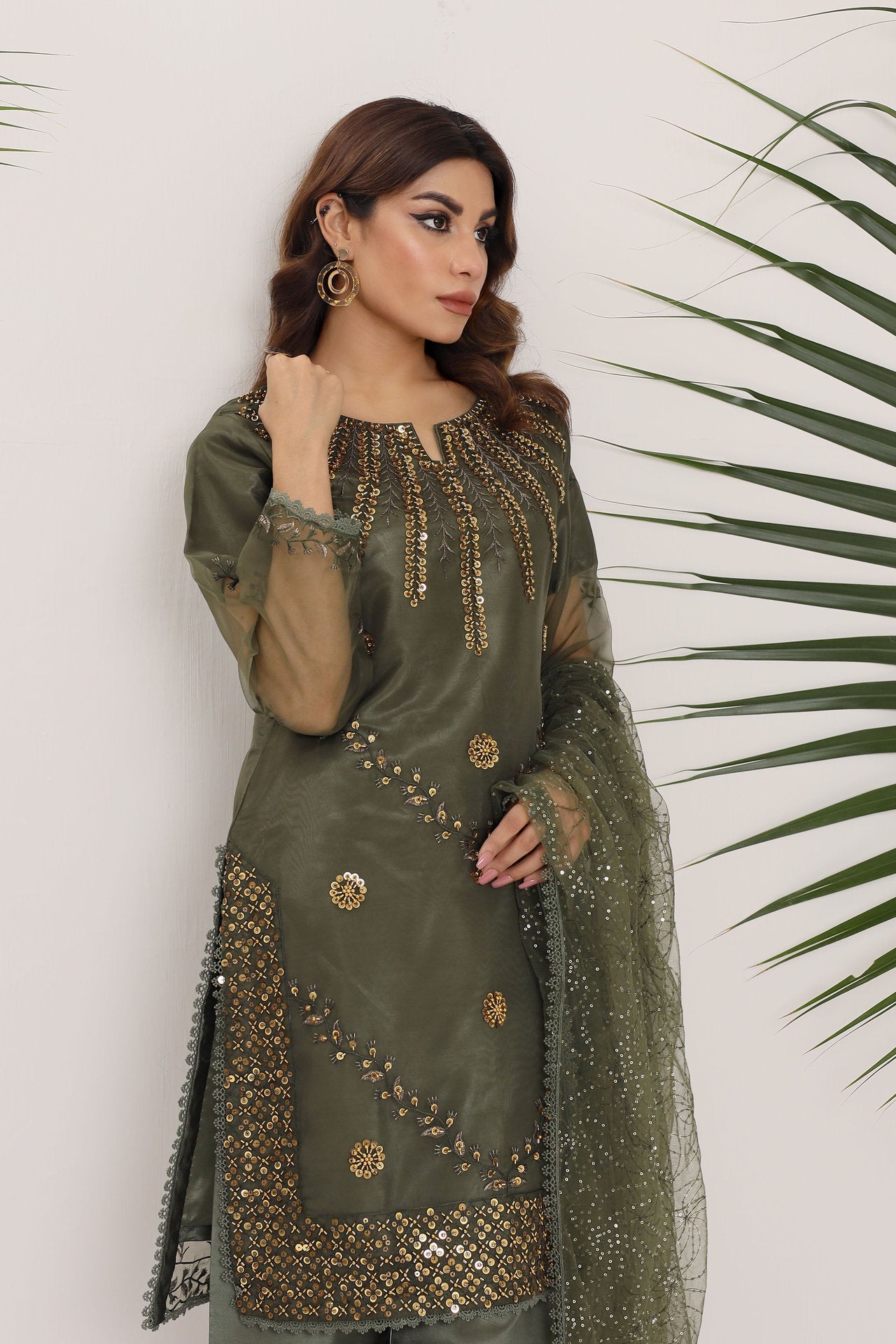 2168-C Luxurious Moss Green Embroidered Organza Suit with Sequined Dupatta