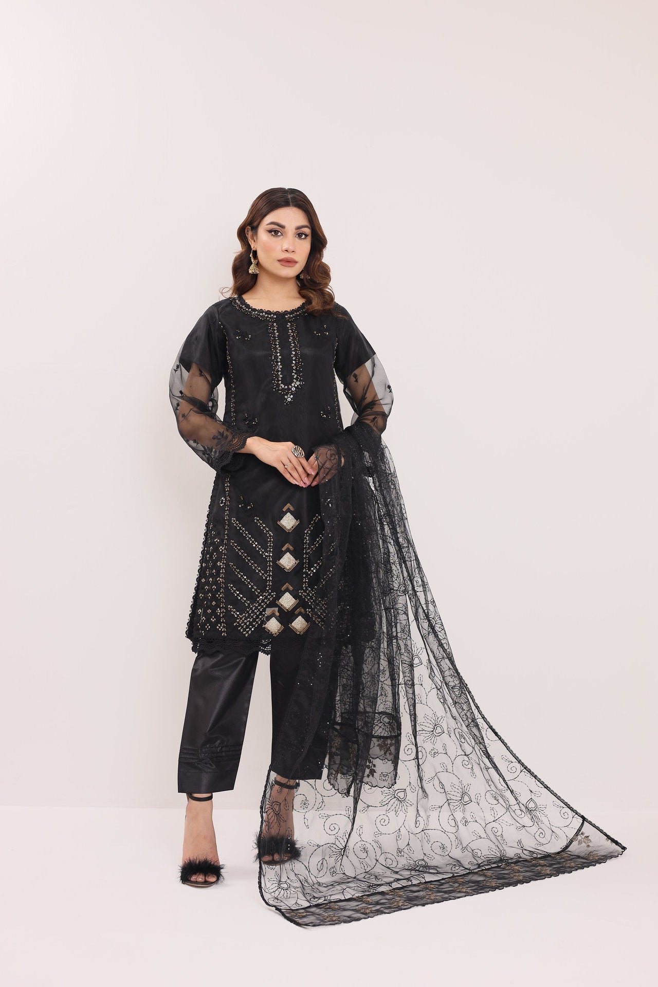 2170-A SMOKEY – Embroidered & Embellished Organza Ensemble