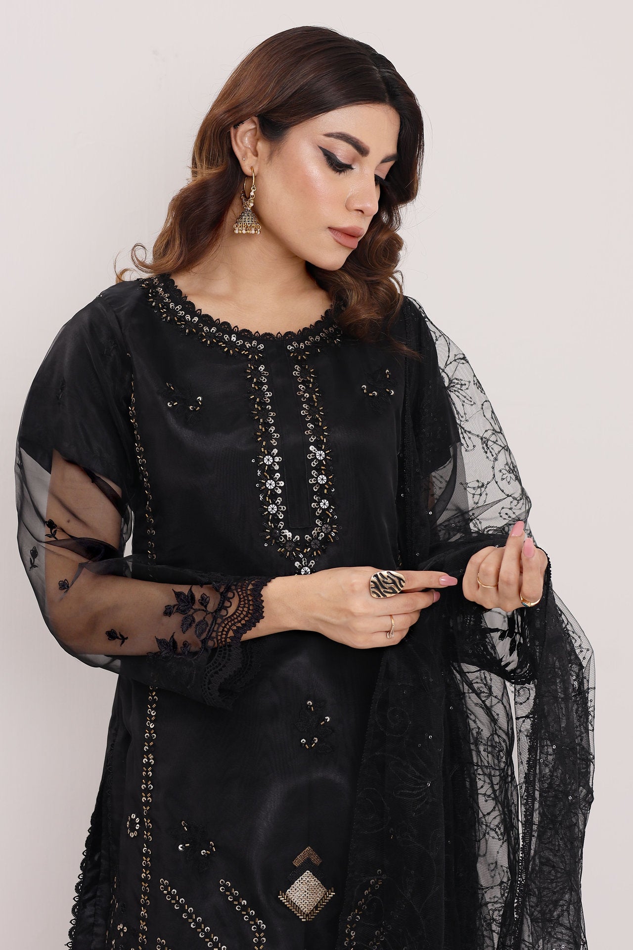 2170-A SMOKEY – Embroidered & Embellished Organza Ensemble