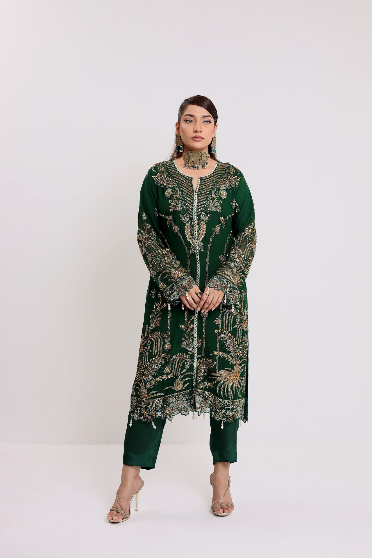 2175-A DARK FOREST – Luxurious Embroidered & Embellished Chiffon Ensemble