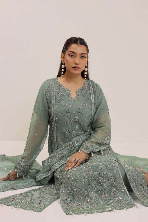 2176- SAGE – Elegant Embroidered & Embellished Chiffon Ensemble