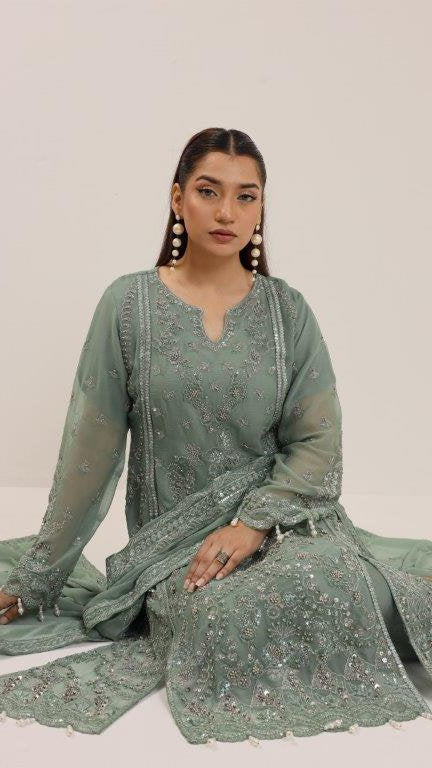 2176- SAGE – Elegant Embroidered & Embellished Chiffon Ensemble