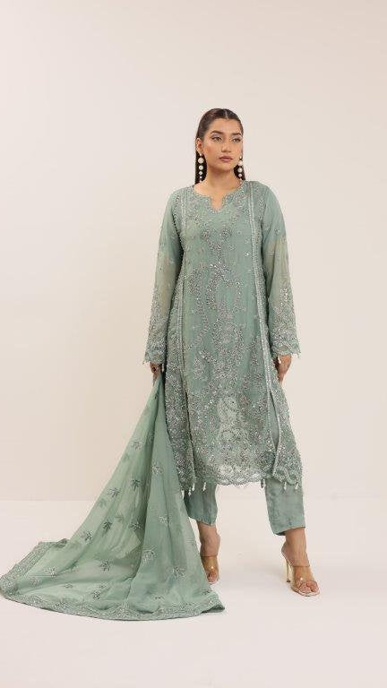 2176- SAGE – Elegant Embroidered & Embellished Chiffon Ensemble
