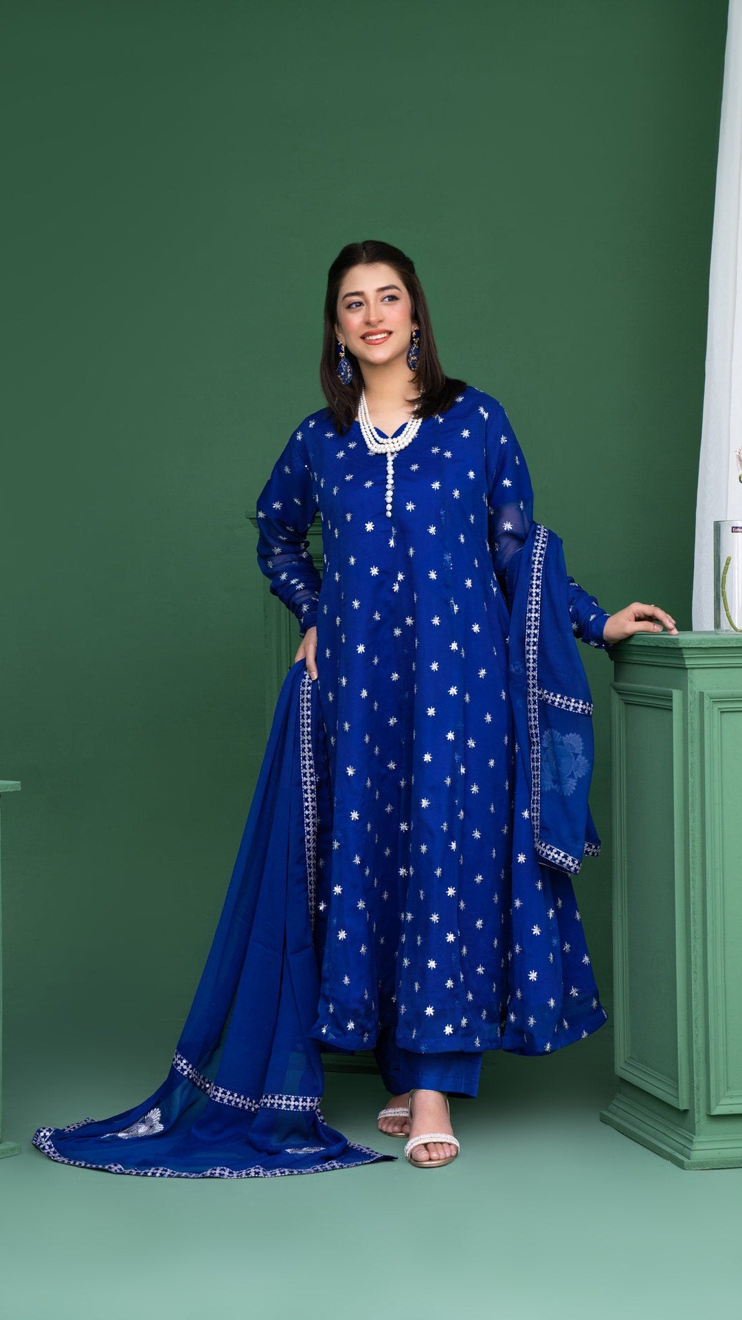 2178-Ink Blue 3 Piece chiffon Embroidered Suit