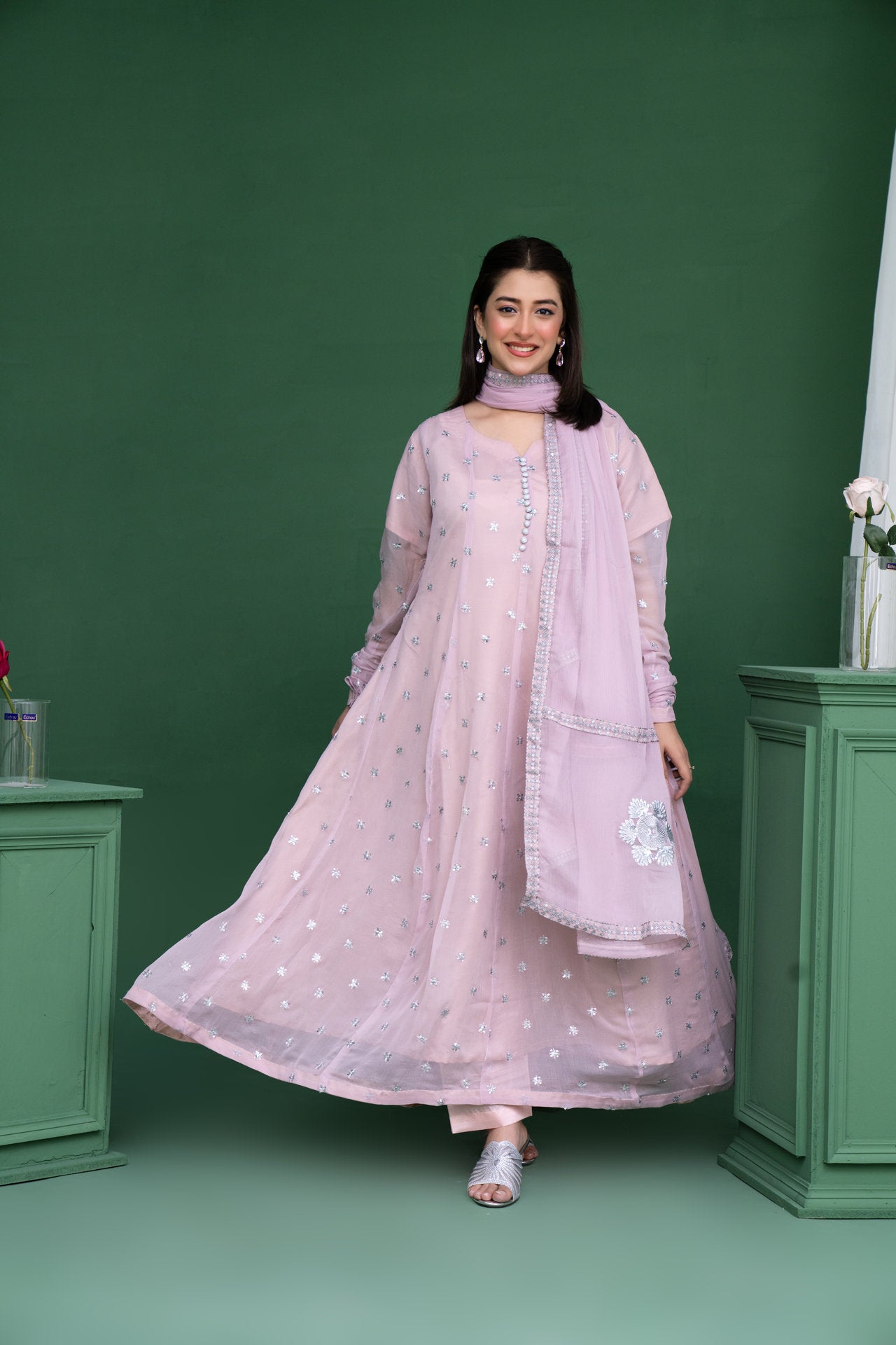 2178 - Light Pink 3 Piece Embroidered Chiffon Suit