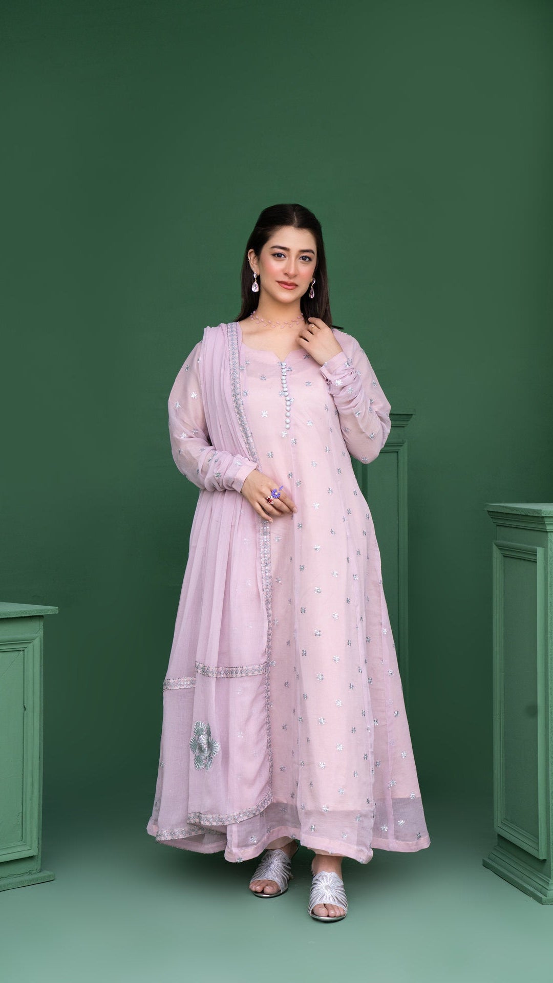 2178 - Light Pink 3 Piece Embroidered Chiffon Suit