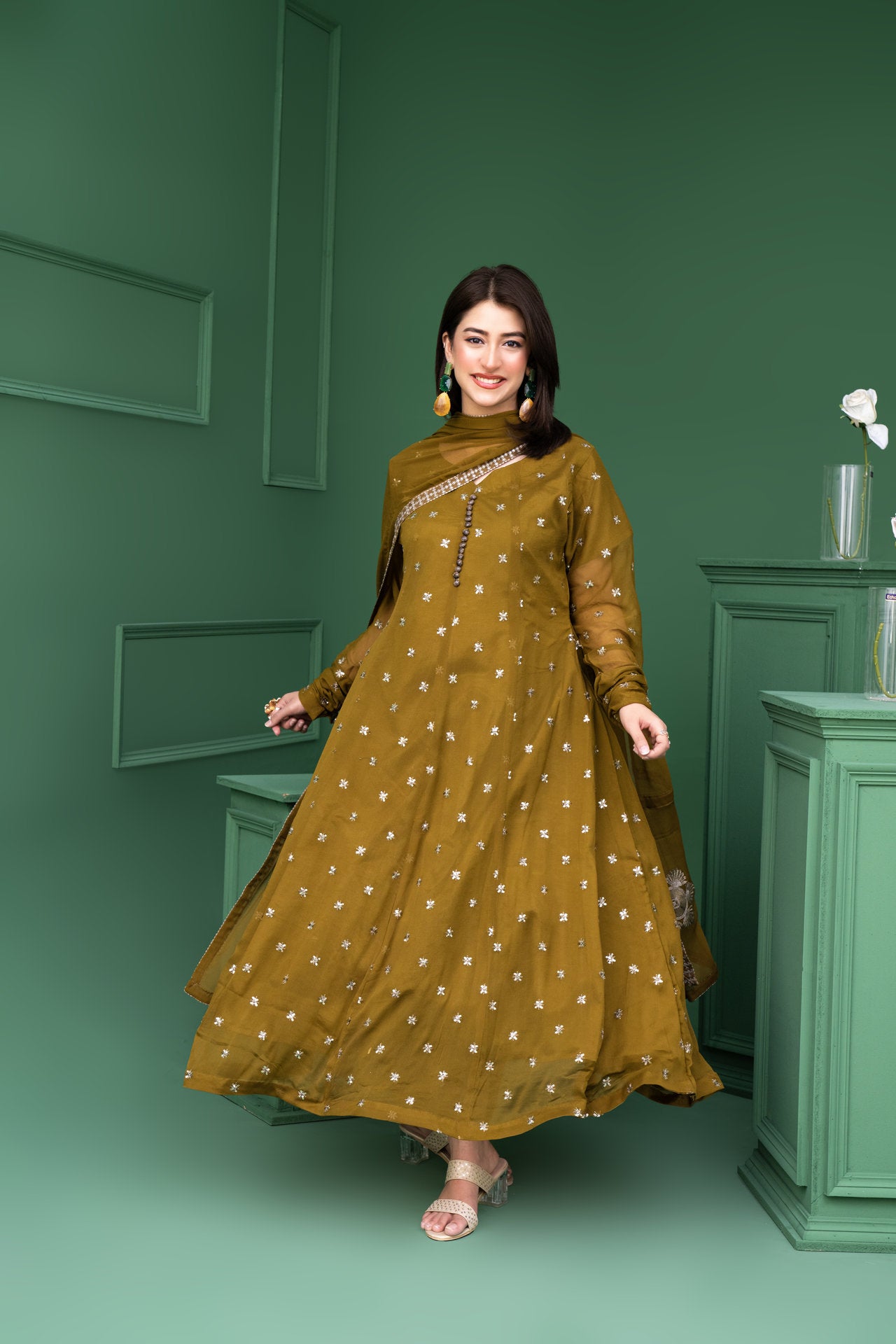 2178-Olive 3- Piece Embroidered Chiffon Suit