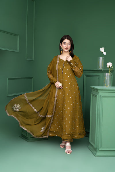 2178-Olive 3- Piece Embroidered Chiffon Suit