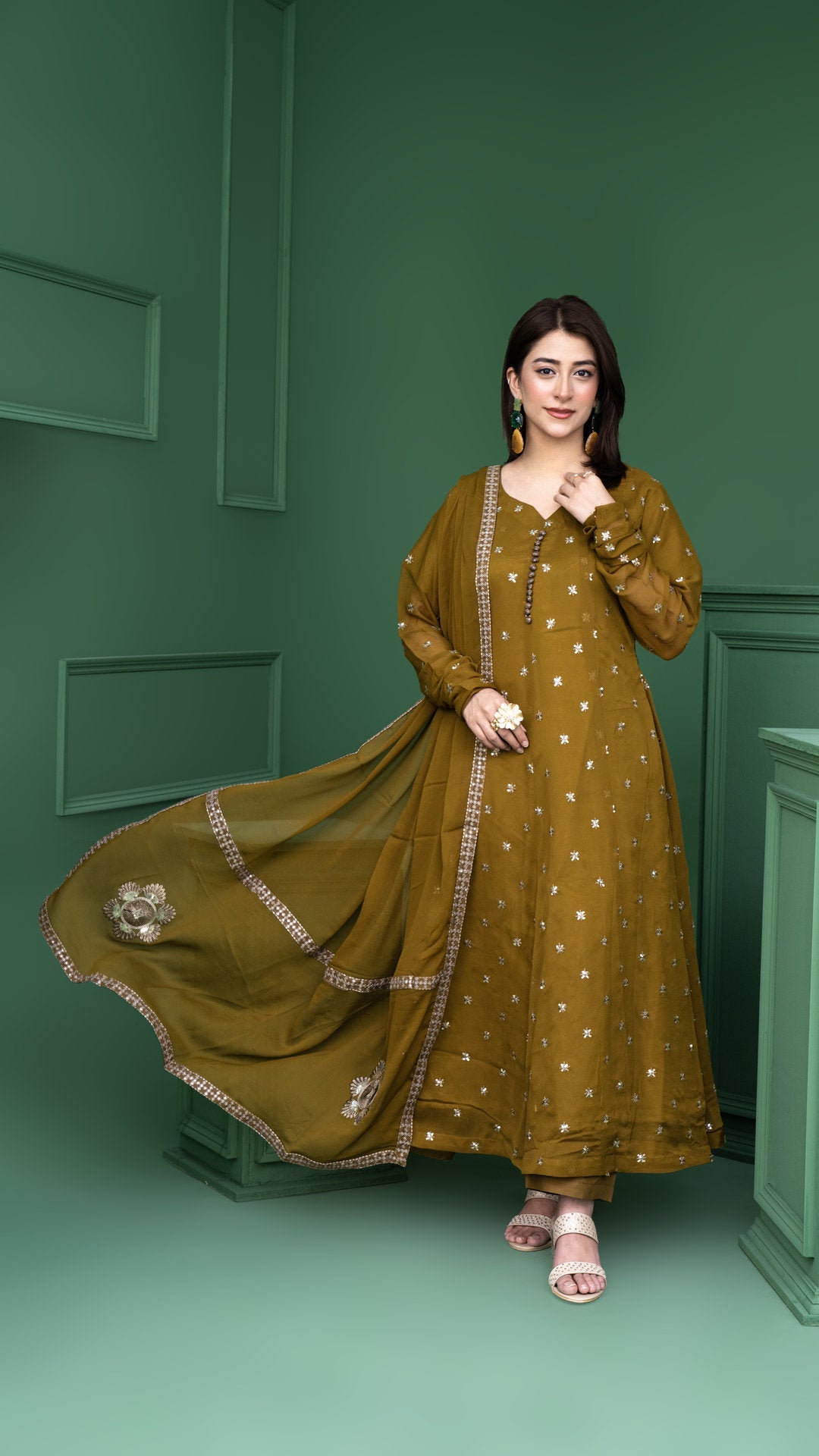 2178-Olive 3- Piece Embroidered Chiffon Suit