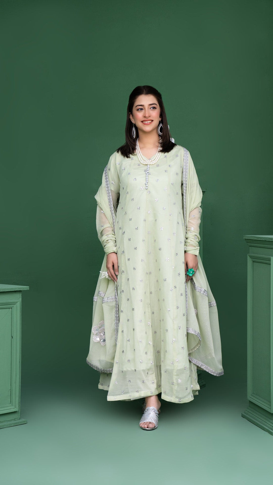 2178 - Sea Green 3 Piece Embroidered Chiffon Suit