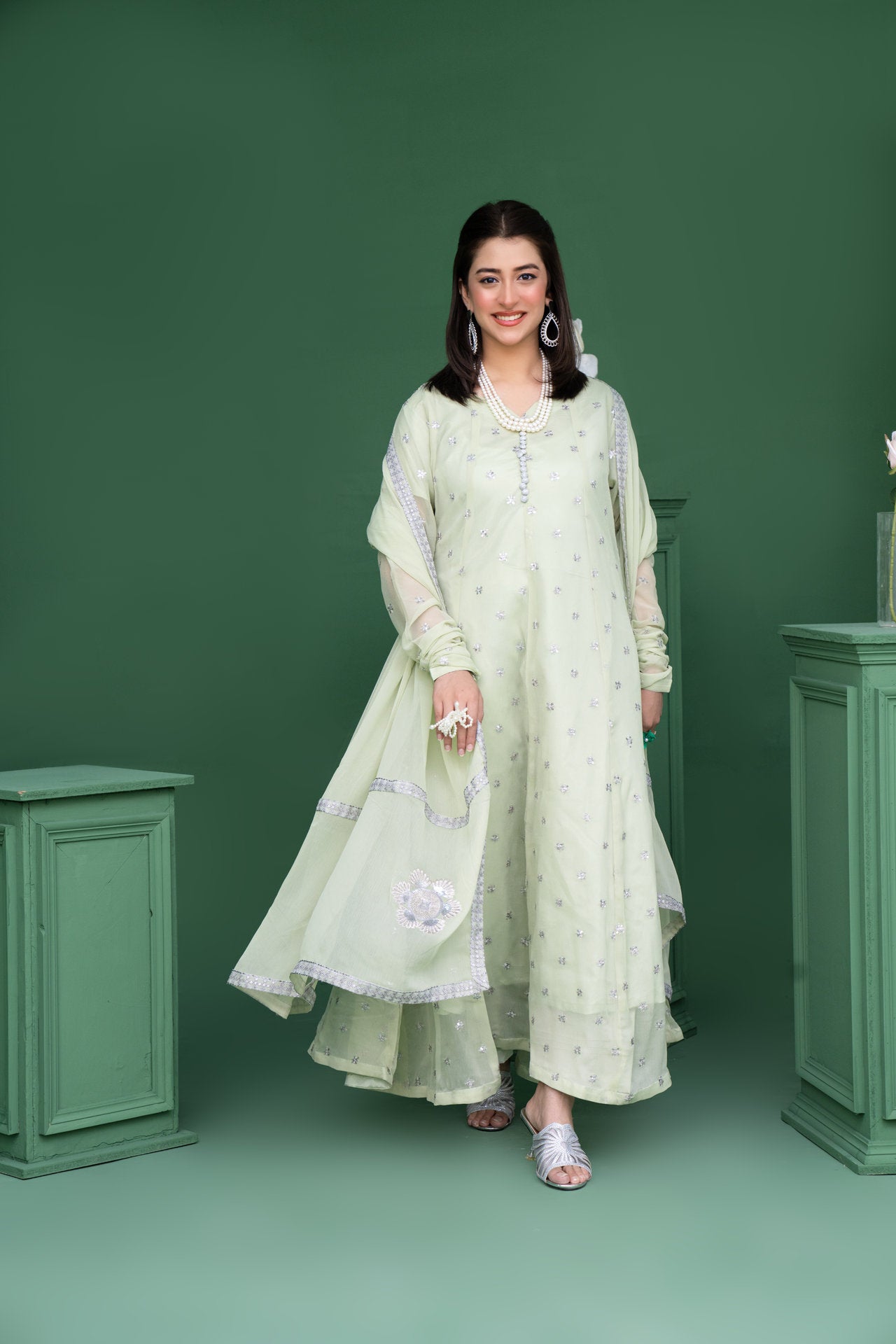 2178 - Sea Green 3 Piece Embroidered Chiffon Suit