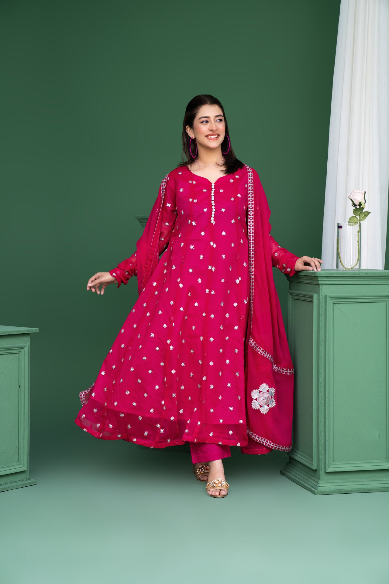 2178 - Shocking Pink 3 Piece Embroidered Chiffon Suit