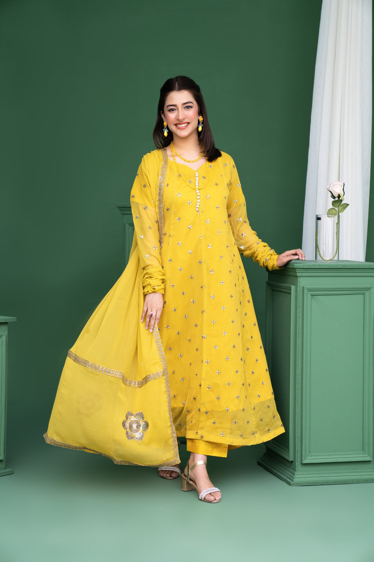 2178 - Yellow 3 Piece Embroidered Chiffon Suit
