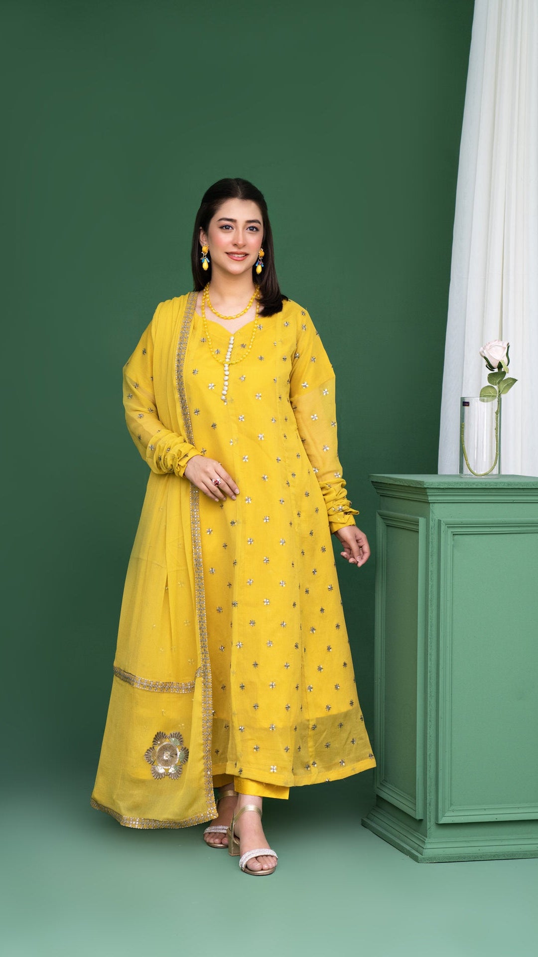 2178 - Yellow 3 Piece Embroidered Chiffon Suit