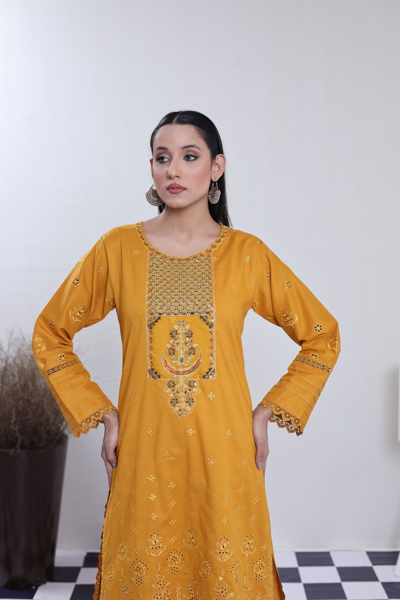 2198- Golden 2 piece embroidered Cotton lawn suit