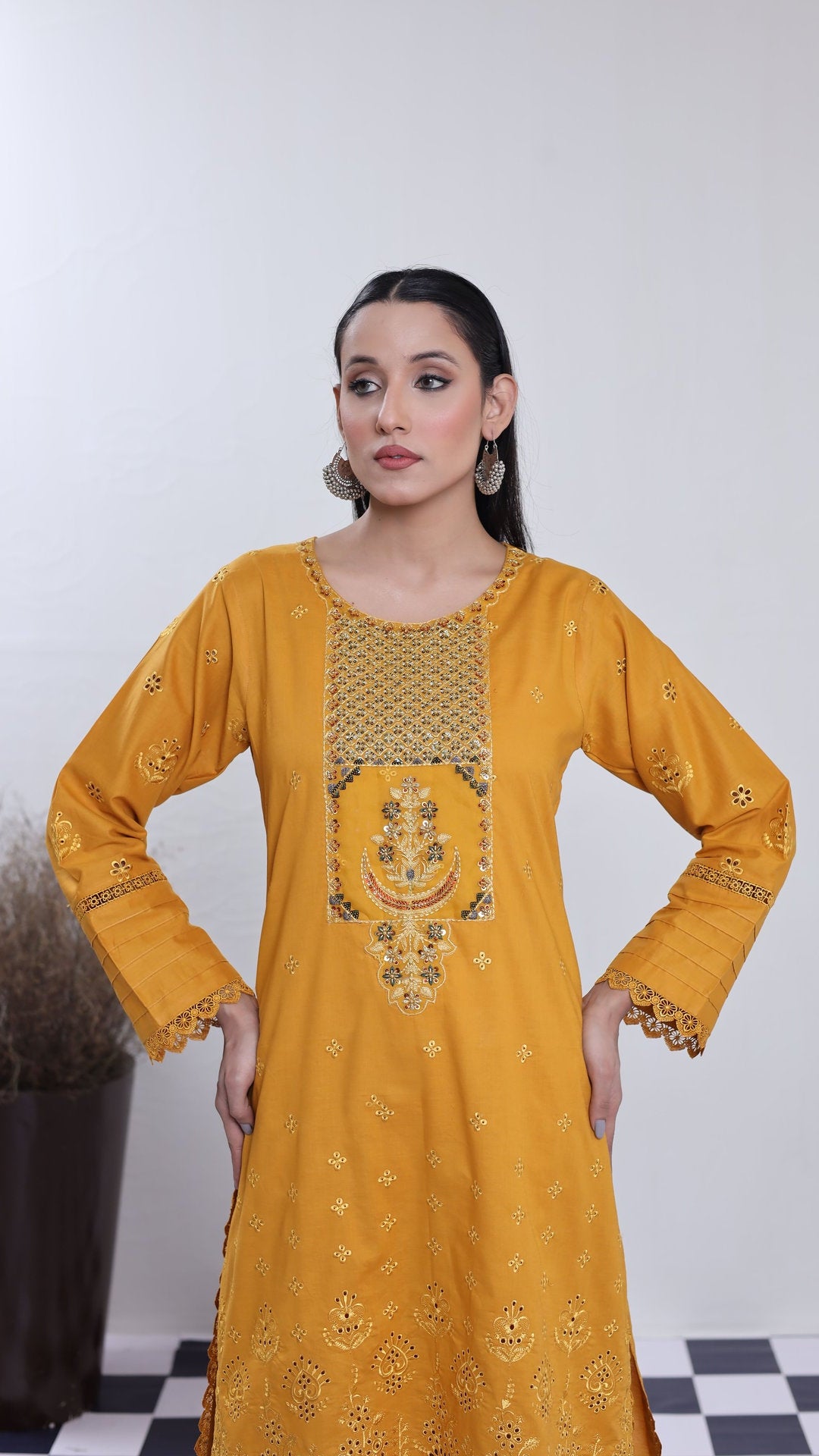 2198- Golden 2 piece embroidered Cotton lawn suit