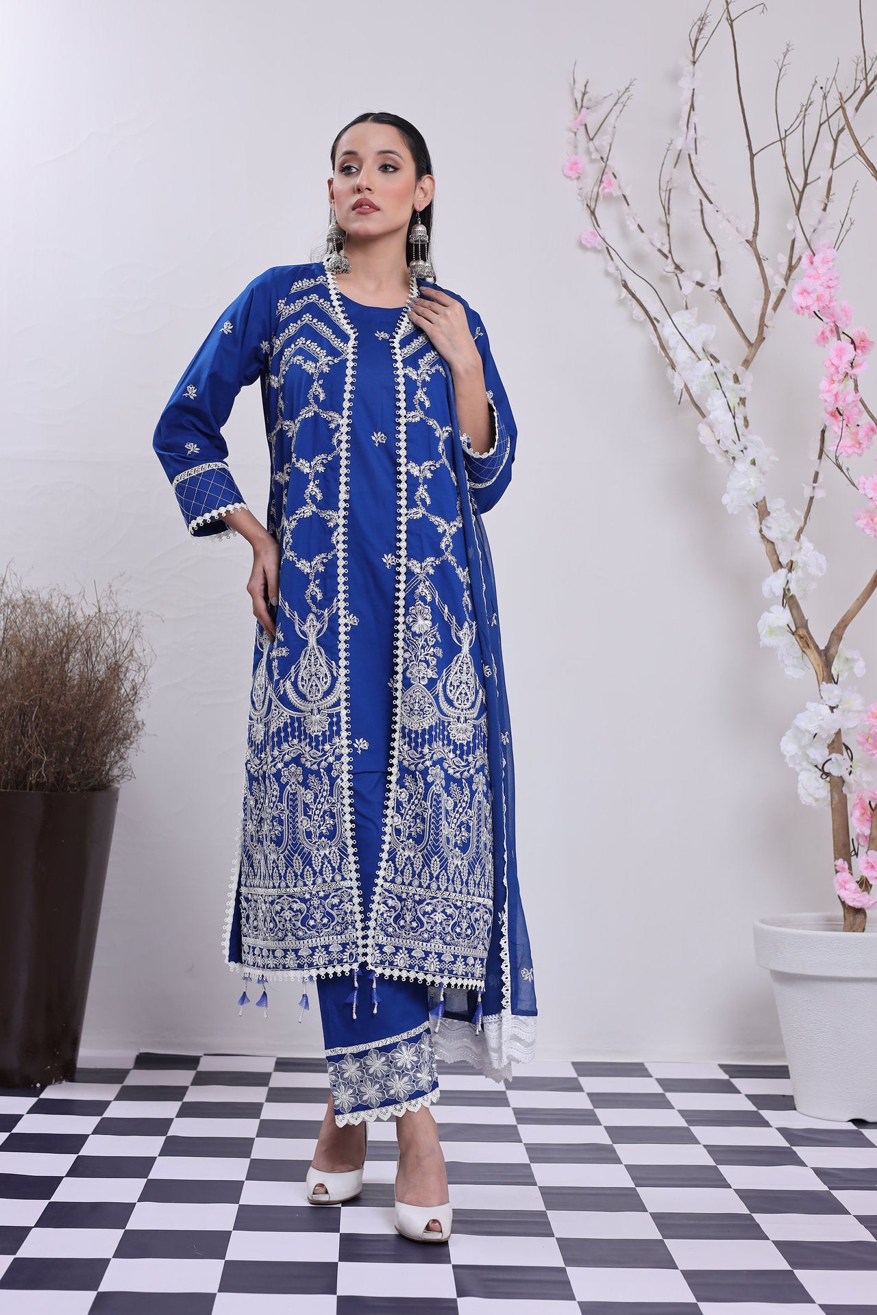 2199 - Ink Blue Embroidered 3-Piece Cotton Lawn Suit – Elegant Summer Wear