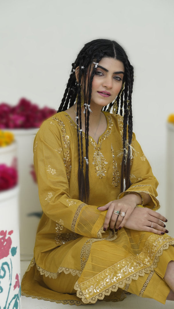 2202-Golden Mustard – Cotton lawn Embroidered 2-Piece Suit – Elegant Summer Wear