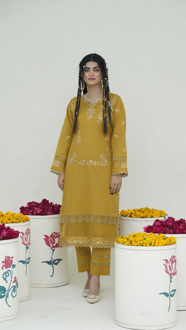 2202-Golden Mustard – Cotton lawn Embroidered 2-Piece Suit – Elegant Summer Wear