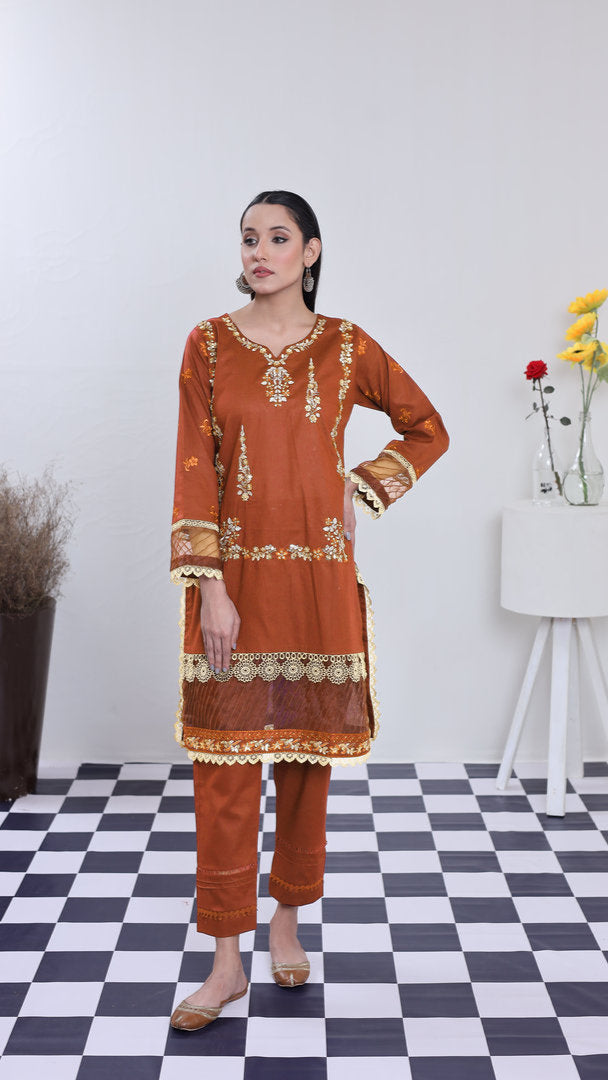 2202-Katha Orange – Cotton lawn Embroidered 2-Piece Suit – Elegant Summer Wear