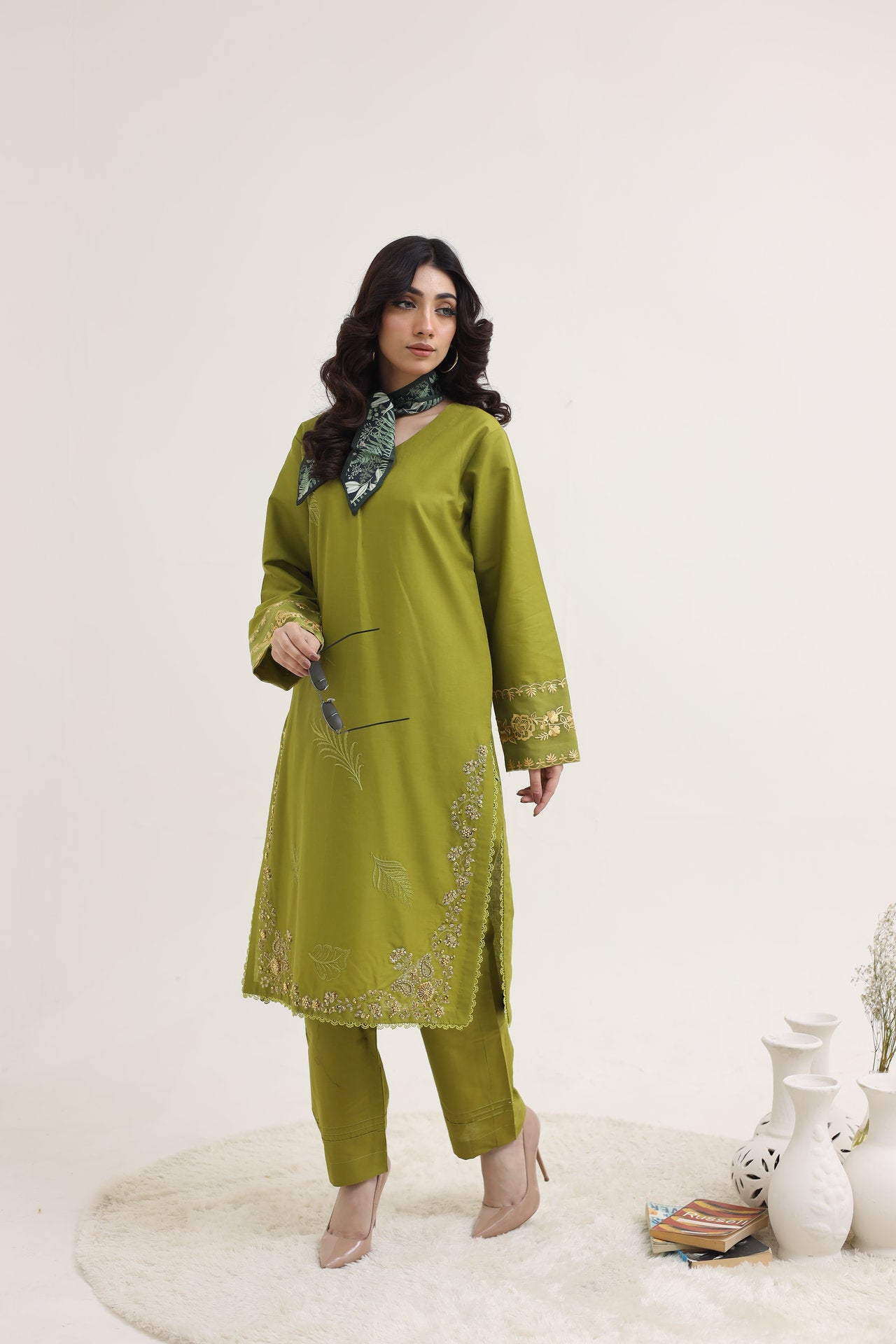 2214-Green Elegant Embroidered 2-Piece Cotton Lawn Suit