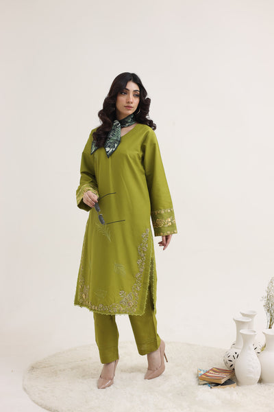 2214-Green Elegant Embroidered 2-Piece Cotton LawnSuit
