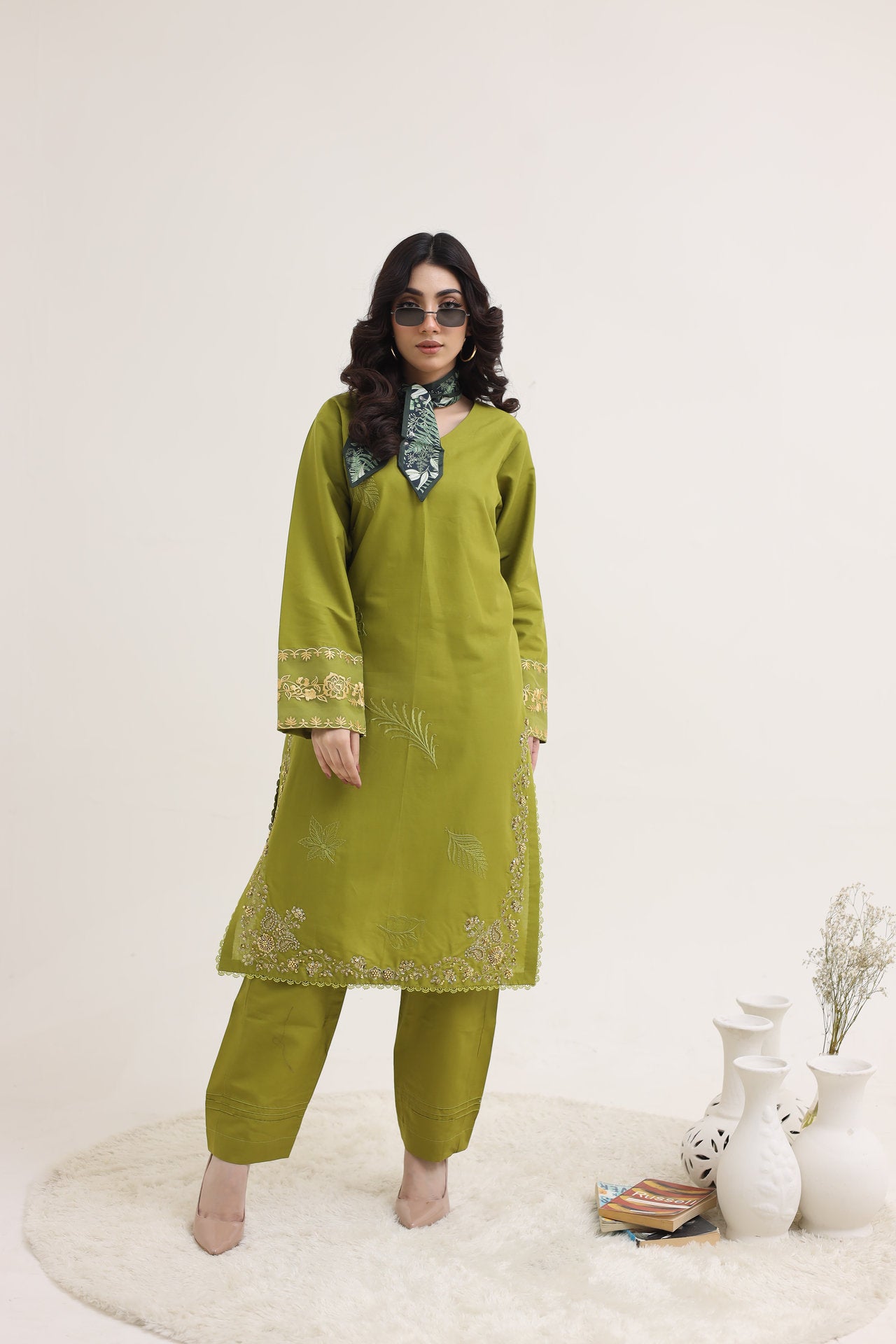 2214-Green Elegant Embroidered 2-Piece Cotton Lawn Suit