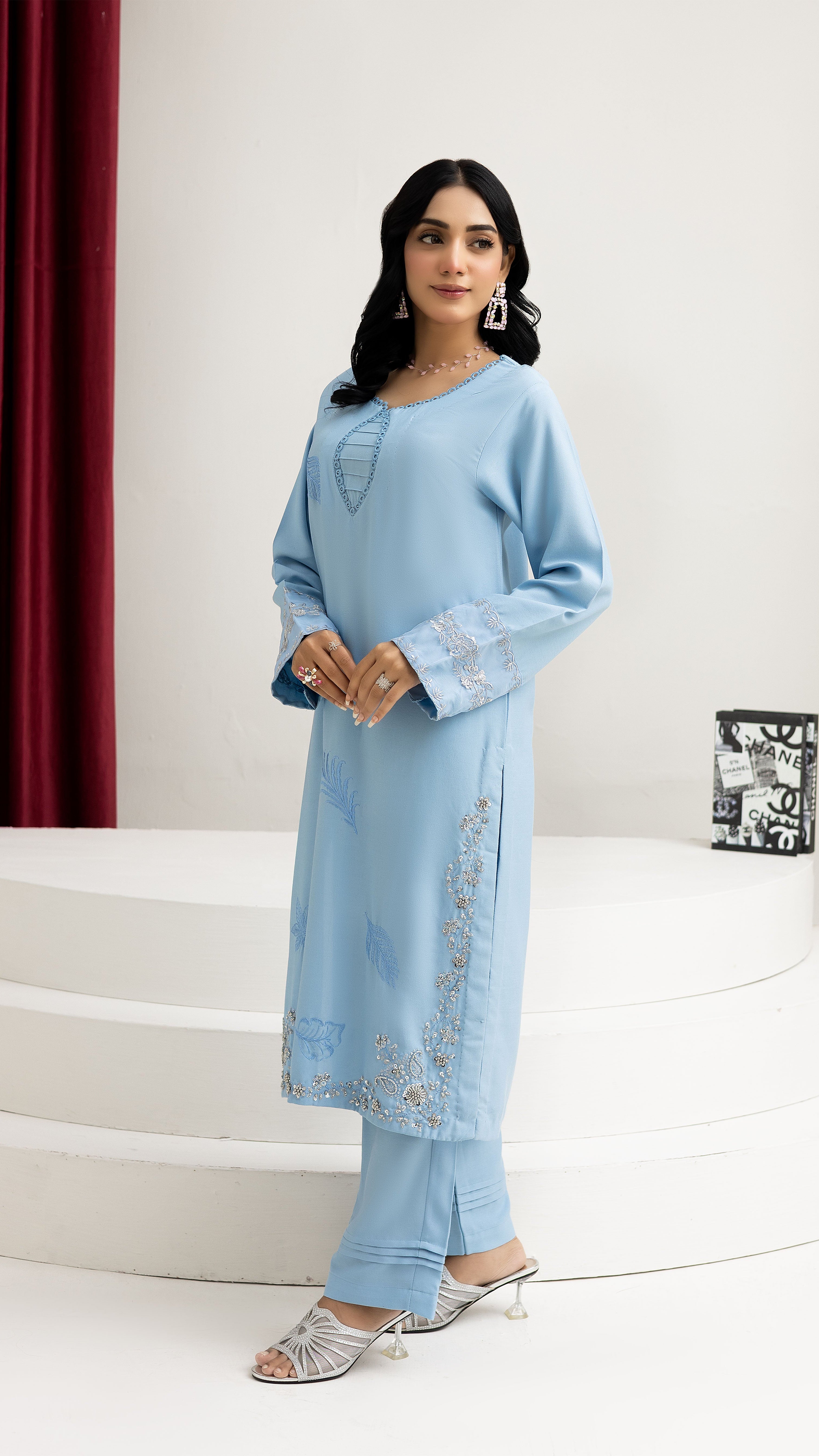 2214-Sky Blue Embroidered 2-Piece Dhanak Suit
