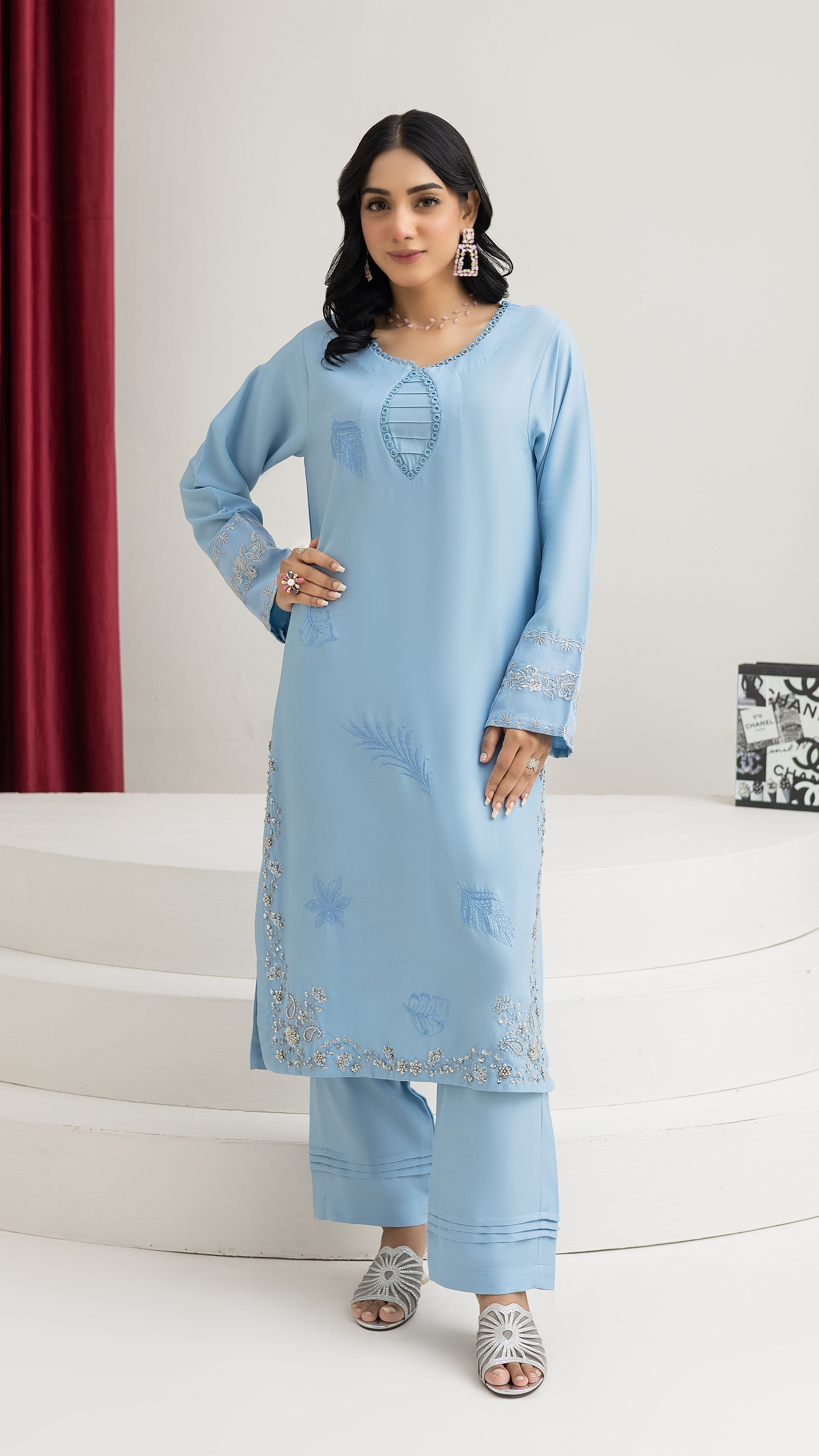 2214-Sky Blue Embroidered 2-Piece Dhanak Suit