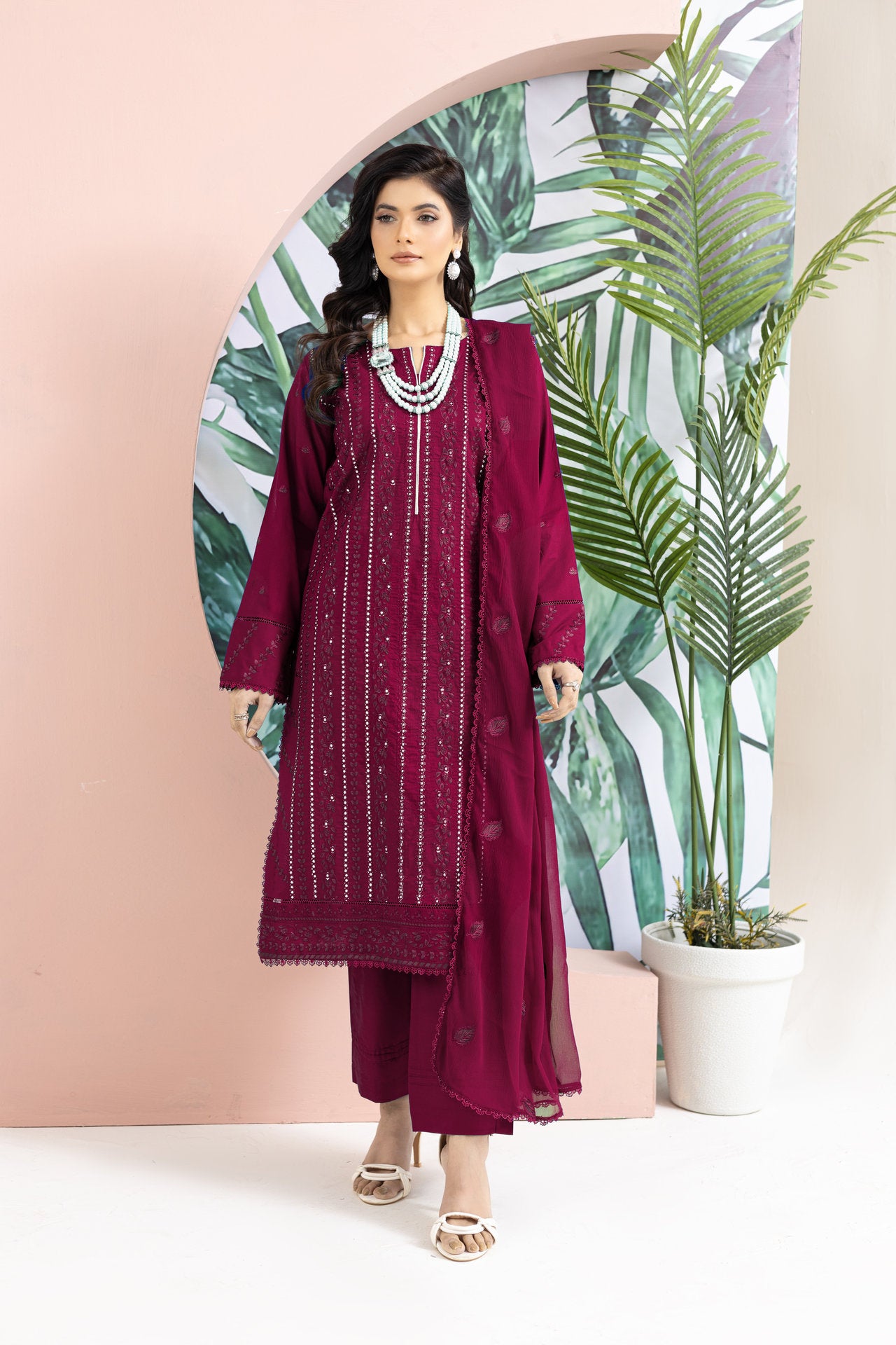 2221 - Maroon Embroidered 3-Piece Cotton Lawn Suit – Elegant Summer Wear