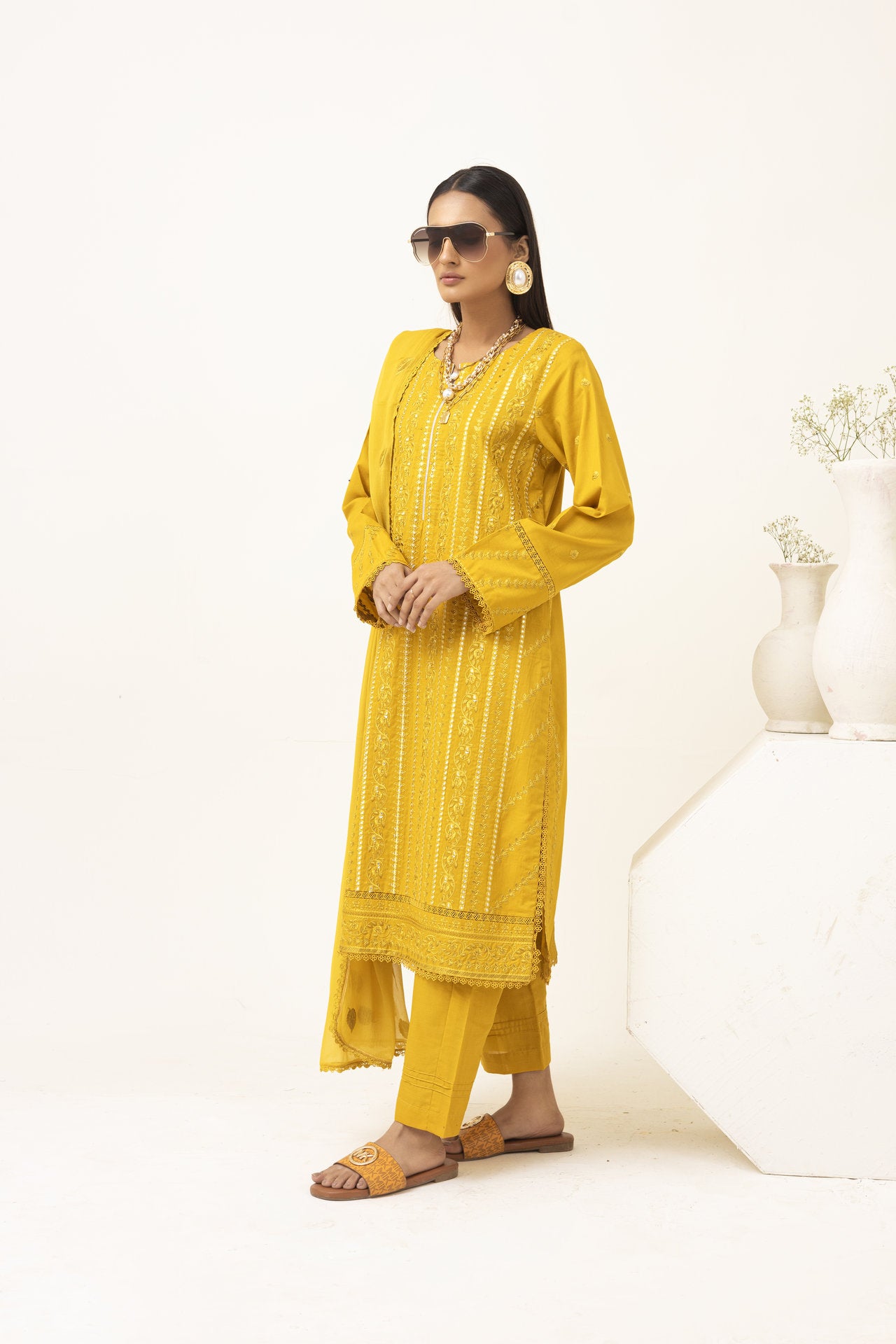 2221 - Yellow Embroidered 3-Piece Cotton Lawn Suit – Elegant Summer Wear