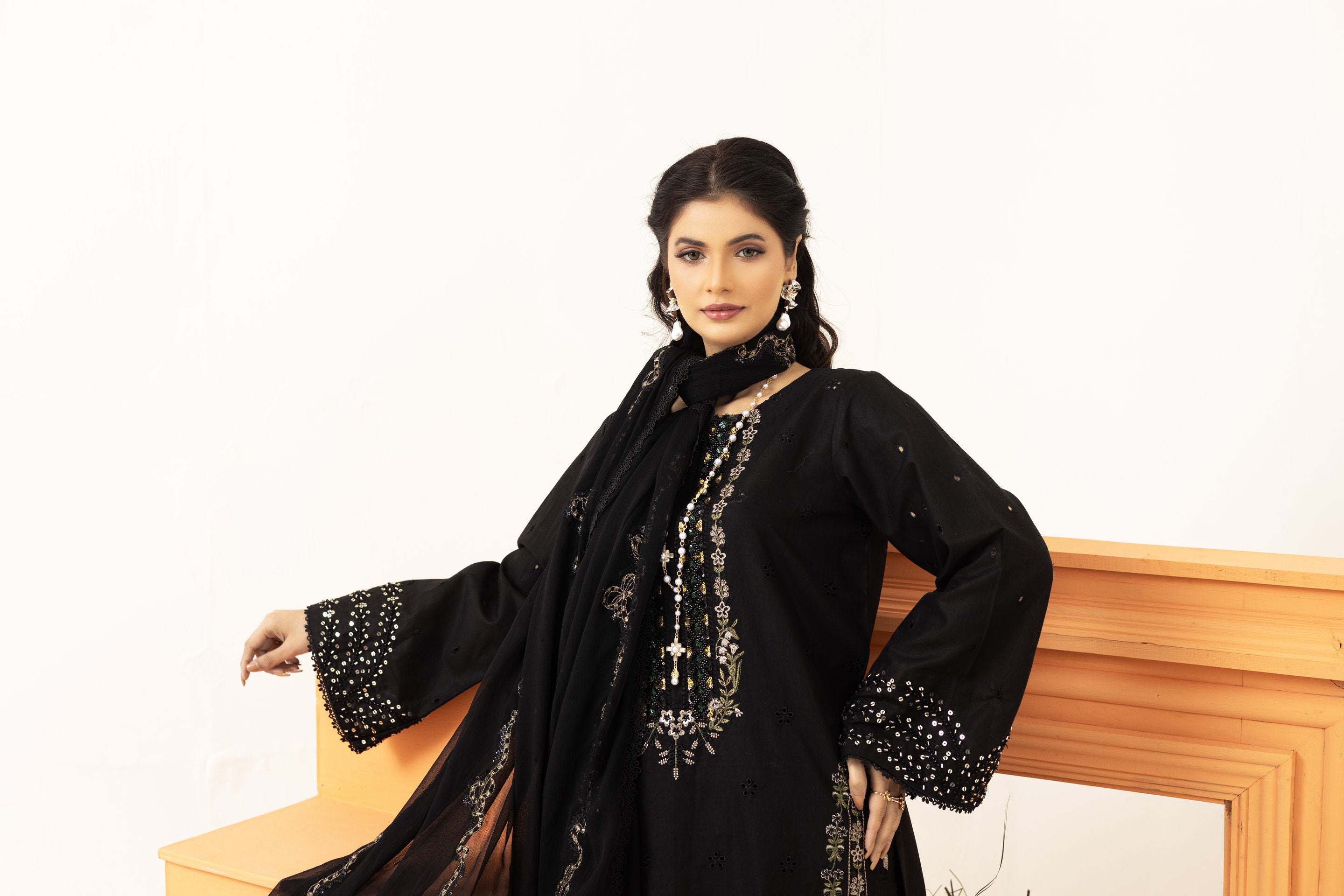 2222 - Black Embroidered 3-Piece Cotton Lawn Suit – Elegant Summer Wear