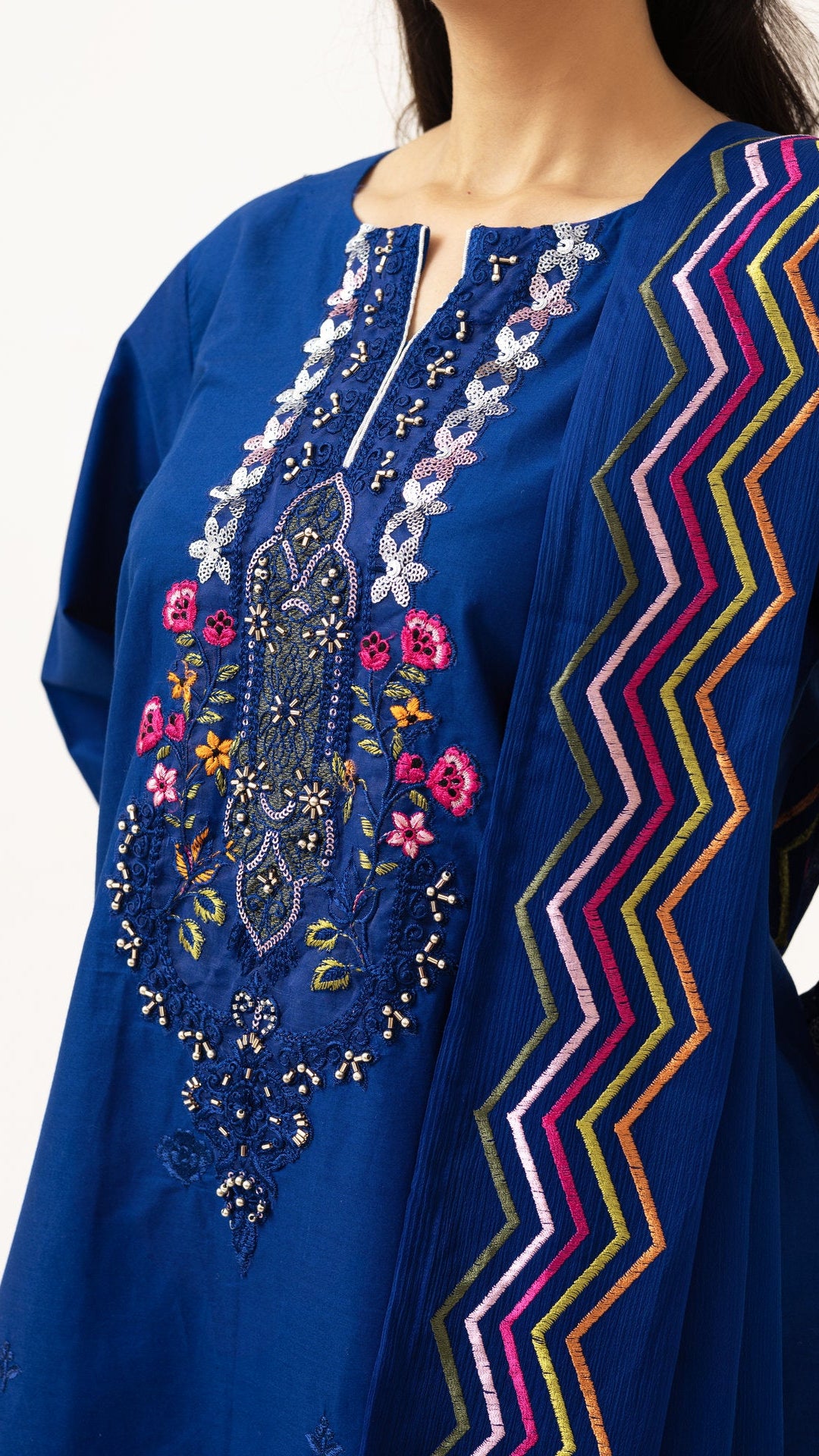 2224 - Ink Blue Embroidered 3-Piece Cotton Lawn Suit – Elegant Summer Wear