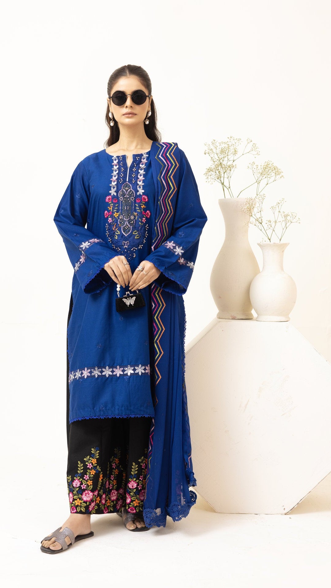 2224 - Ink Blue Embroidered 3-Piece Cotton Lawn Suit – Elegant Summer Wear