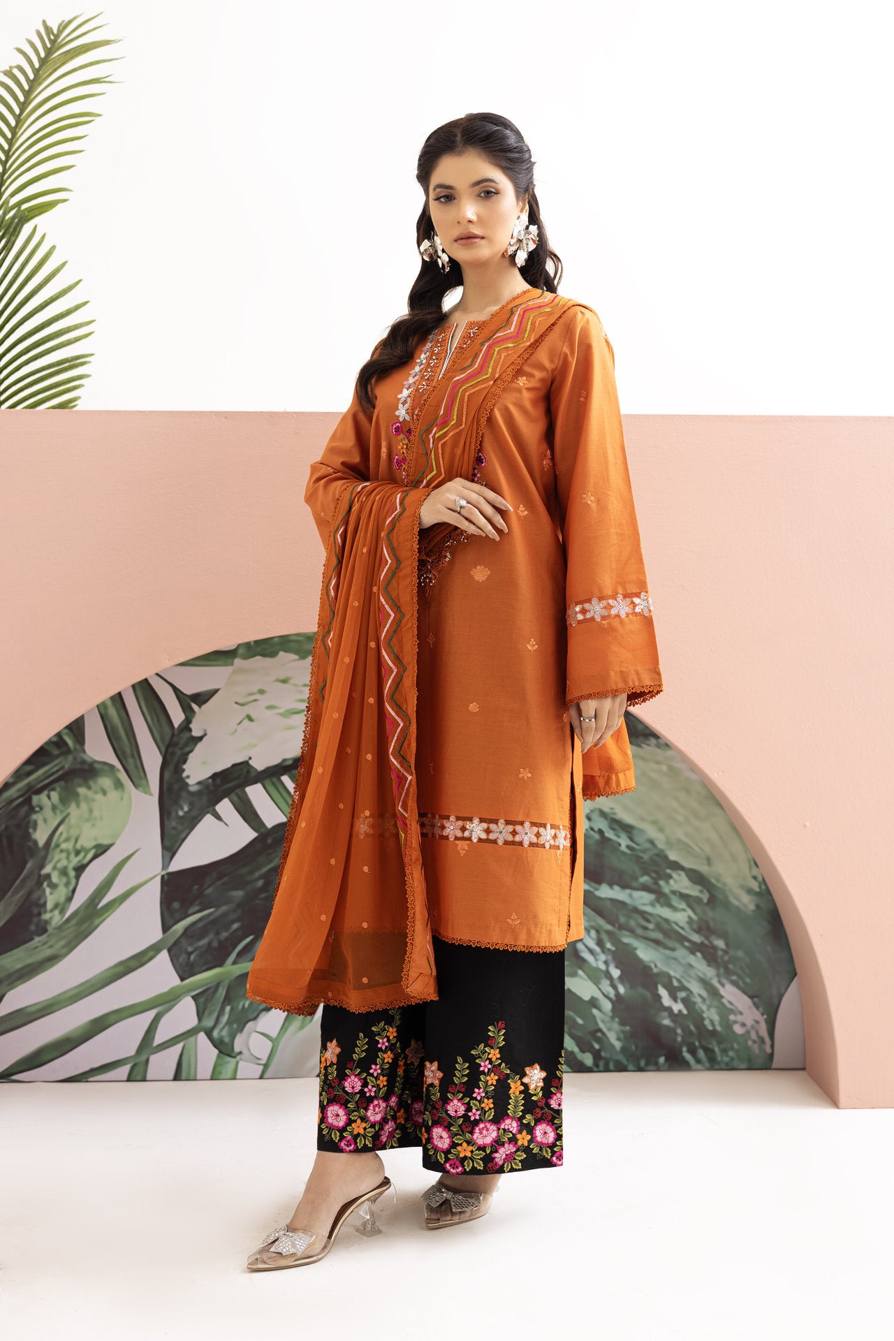 2224 - Orange Embroidered 3-Piece Cotton Lawn Suit – Elegant Summer Wear