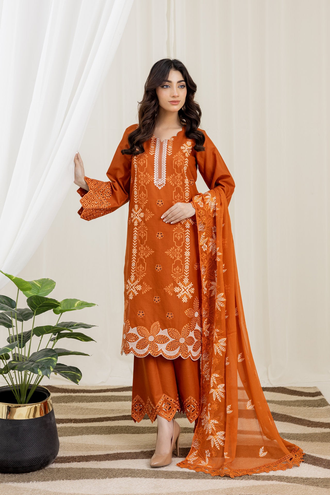 2226-Orange Embroidered 3-Piece Cotton Lawn Suit – Elegant Summer Wear
