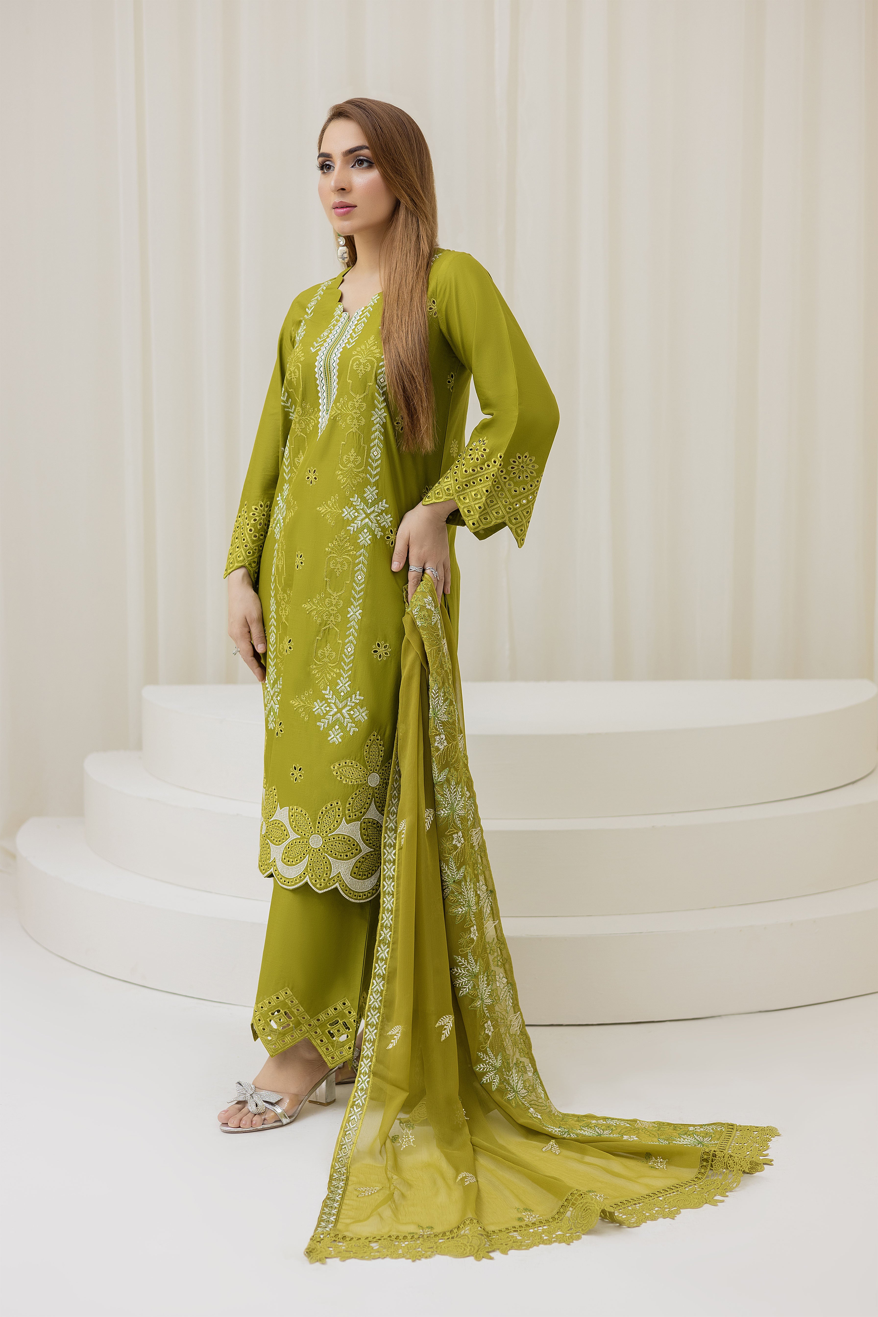 2226-Parrot Green Embroidered 3-Piece Cotton Lawn Suit – Elegant Summer Wear Elegant Summer Wear