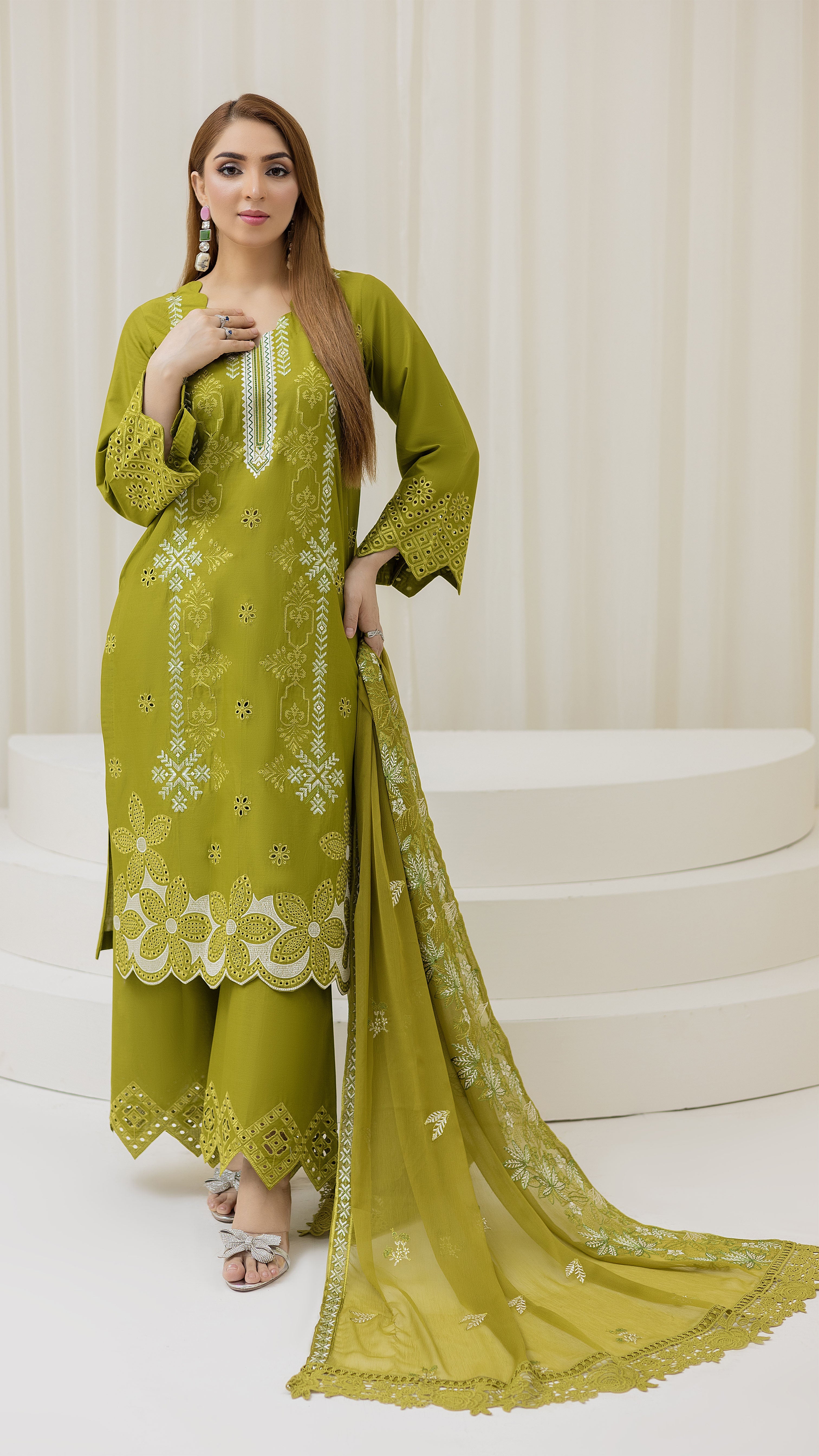 2226-Parrot Green Embroidered 3-Piece Cotton Lawn Suit – Elegant Summer Wear Elegant Summer Wear