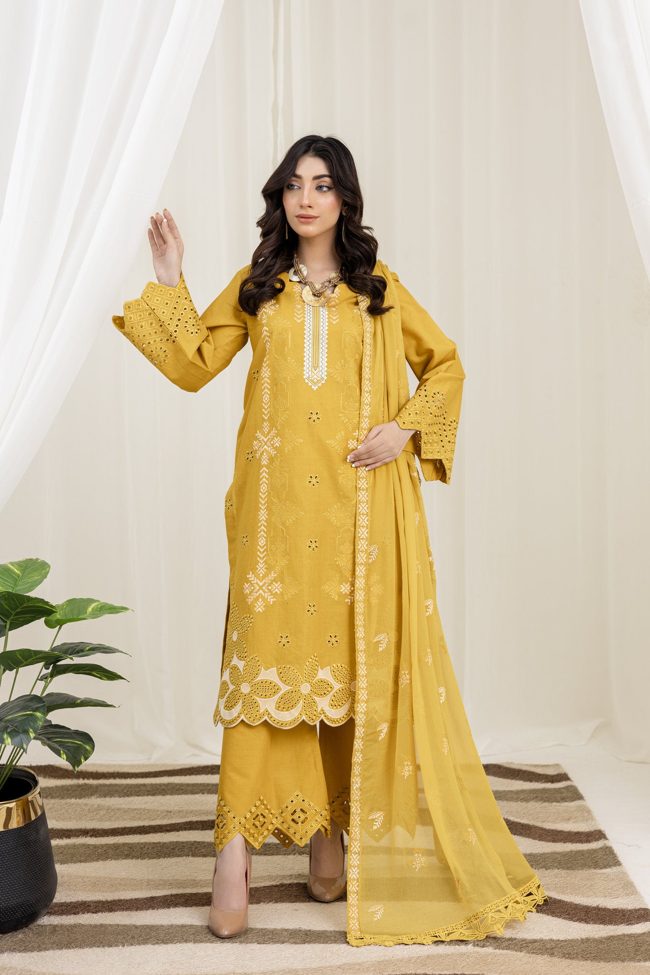 2226-Yellow Embroidered 3- Piece Cotton Lawn Suit – Elegant Summer Wear