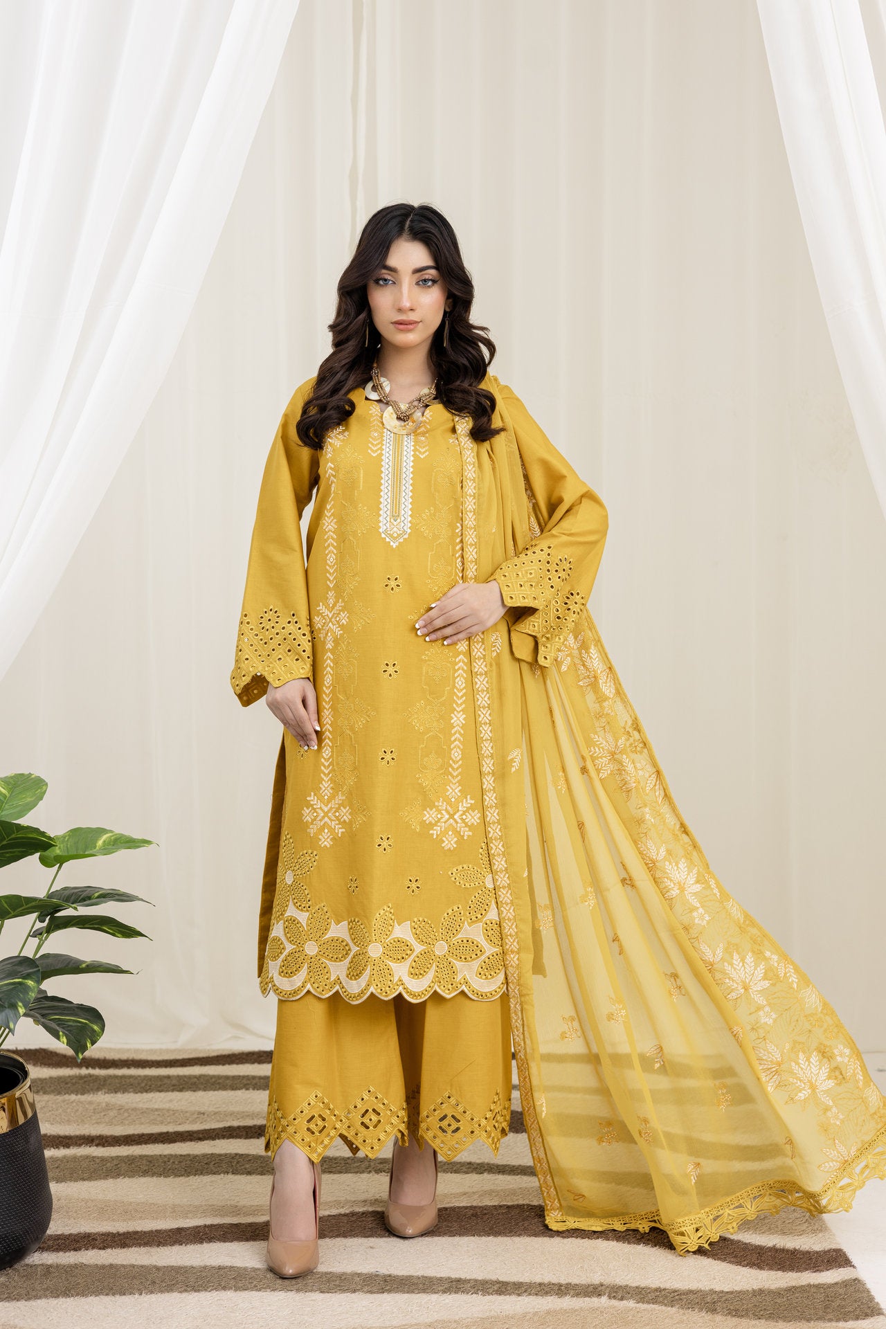 2226-Yellow Embroidered 3- Piece Cotton Lawn Suit – Elegant Summer Wear
