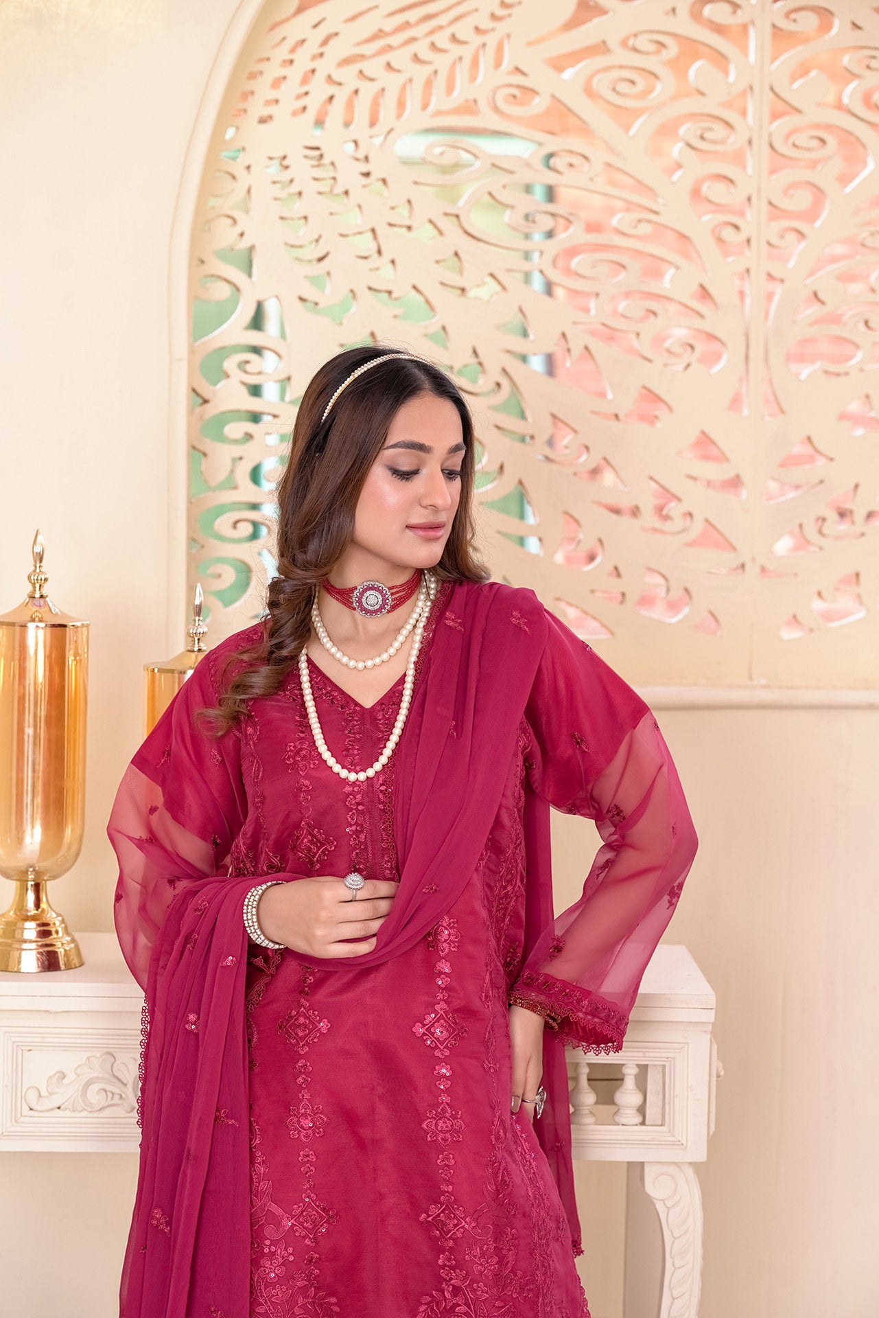 2229- Hot Pink 4 Piece Embroidered Embellished Kurta Set