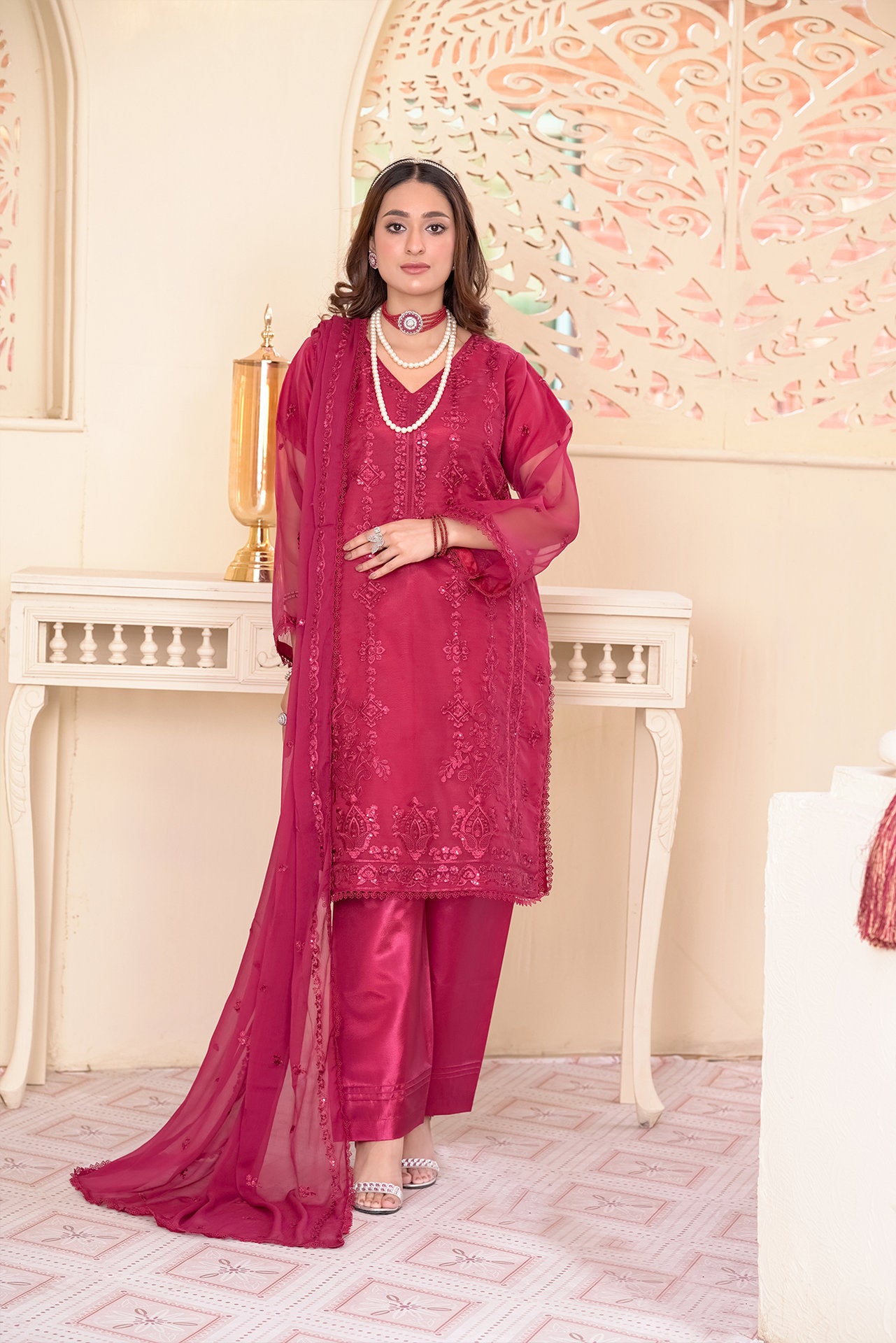 2229- Hot Pink 4 Piece Embroidered Embellished Kurta Set