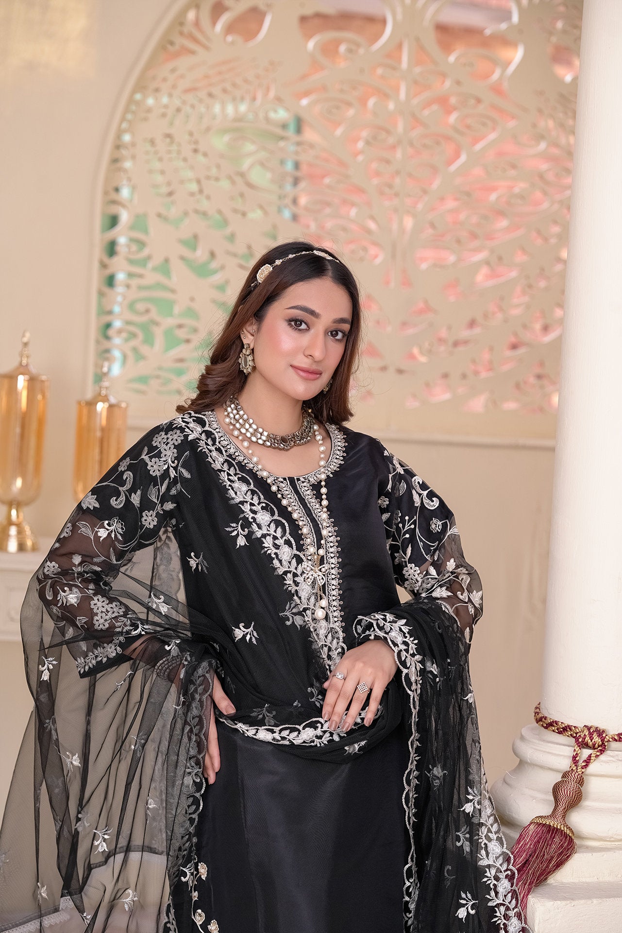 2231 - Black 4-Piece Embellished Organza Suit