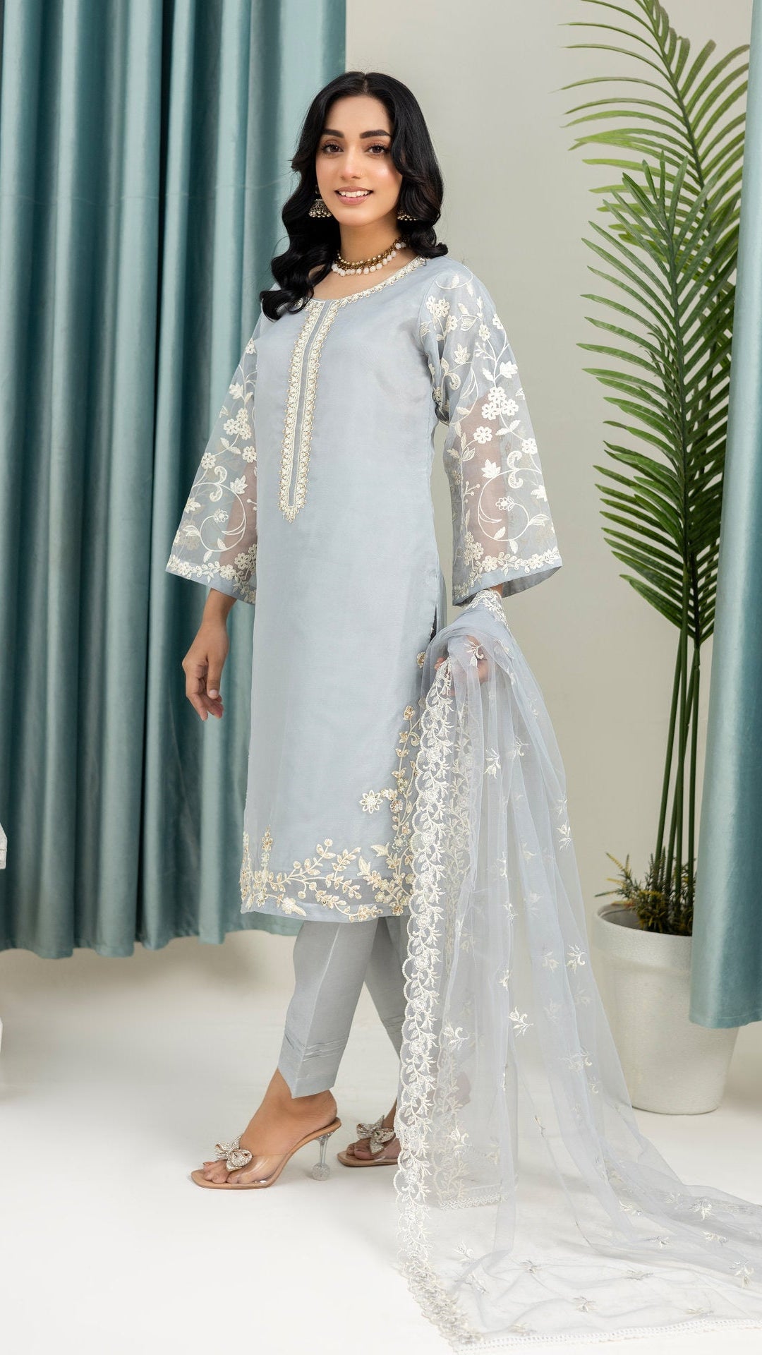 2231 - Silver 4 Piece Embellished Organza Suit
