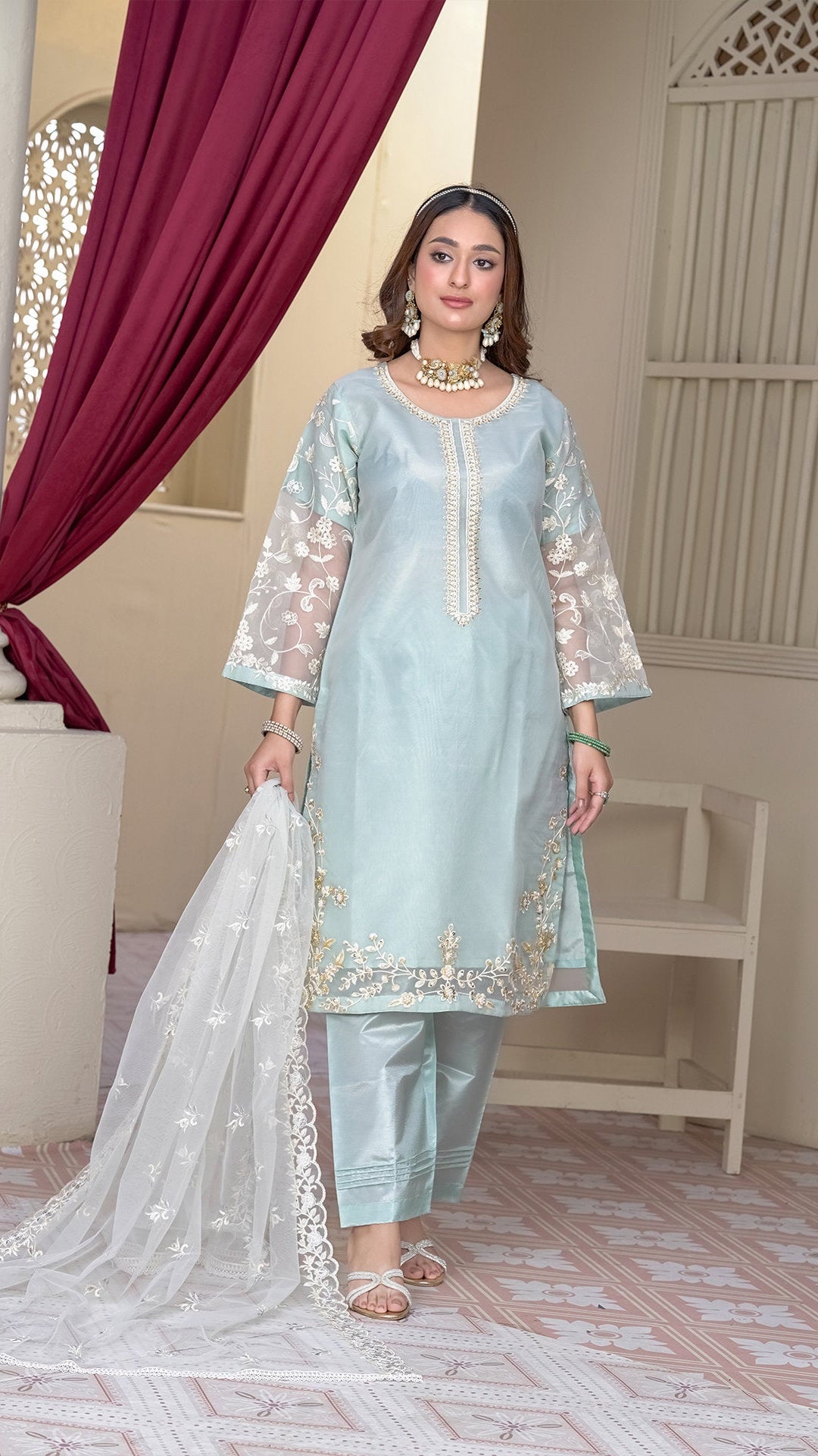 2231 – Sea Green Embellished Organza Suit
