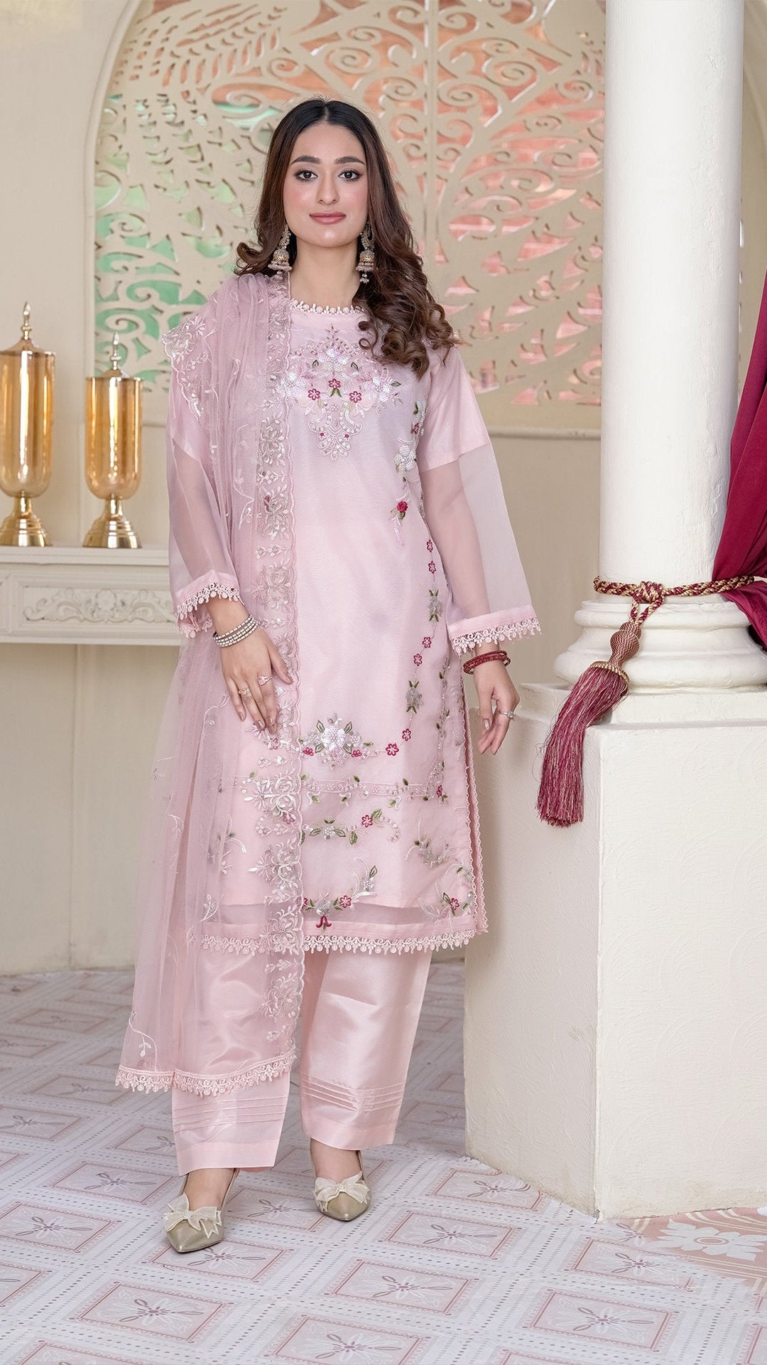 2232- Pastel Pink – 4PC Embellished Organza Kurta Set