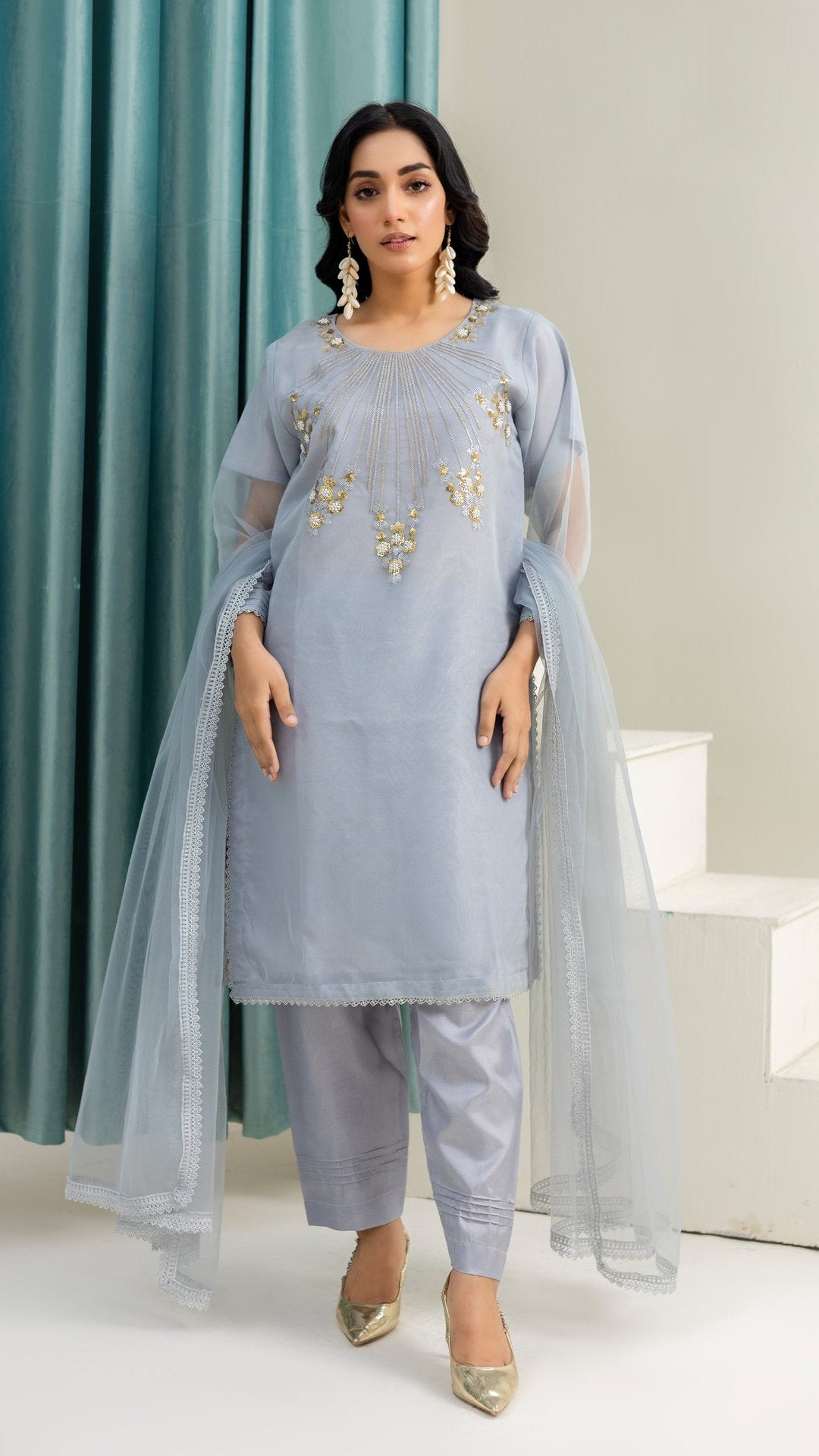 2233 – Grey 4 Piece Embellished Organza Kurta Set