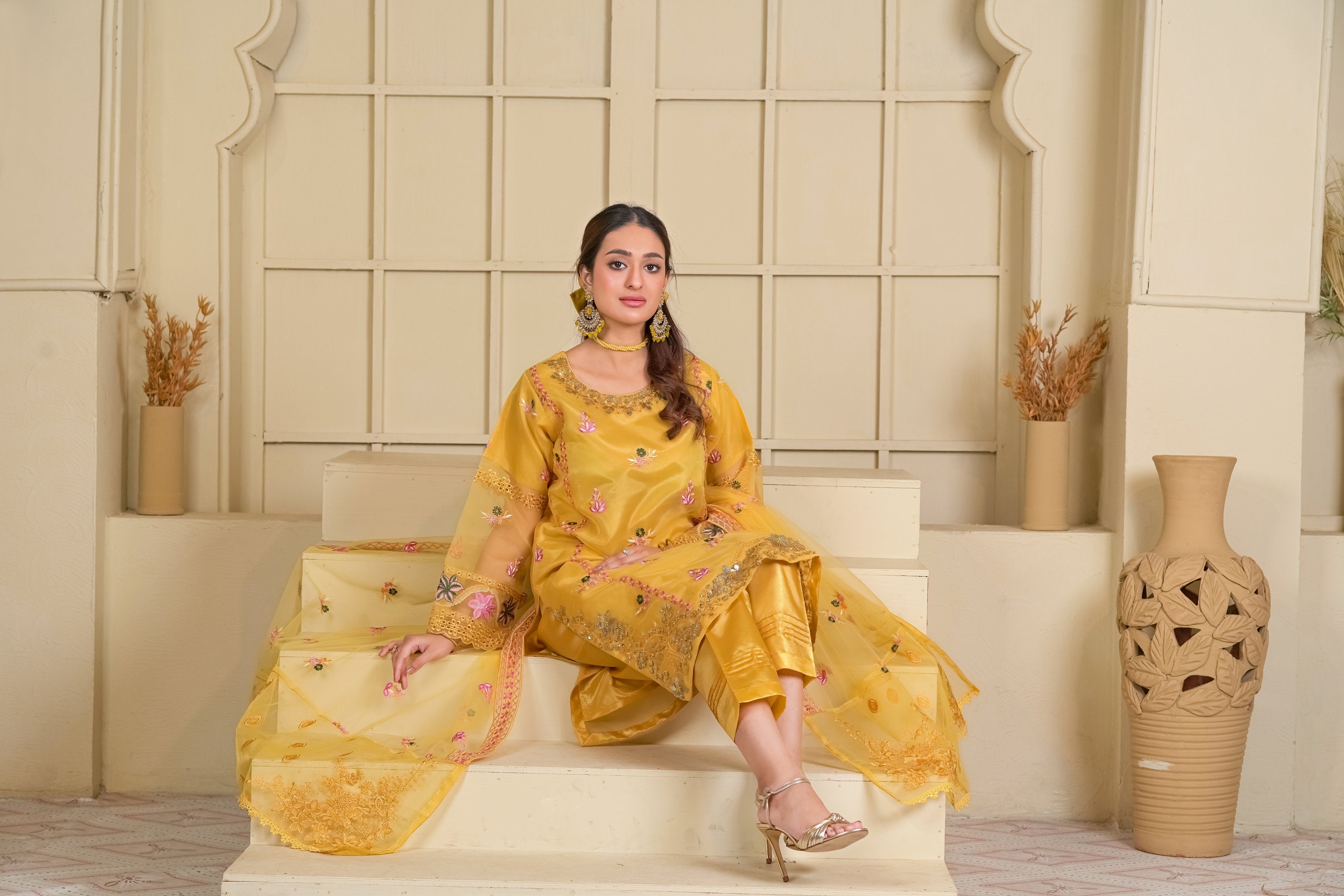 2234-Golden 4 Piece Embellished Kurta Suit Set