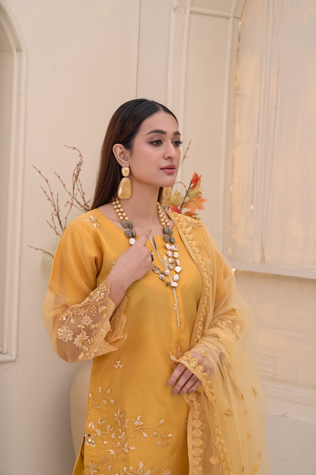 2235-Golden 4 Piece Embellished Organza Kurta Set